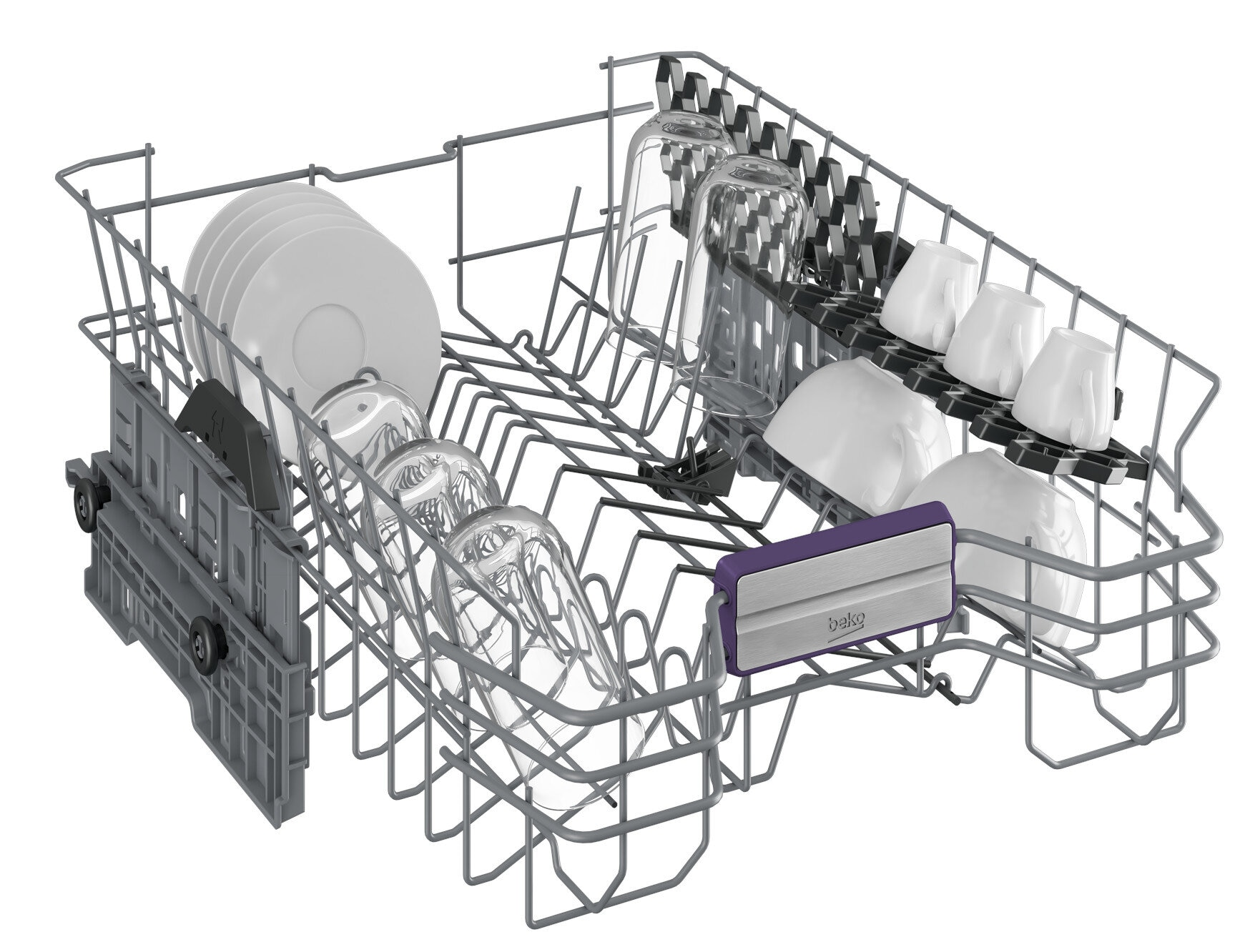 Regał zmywarki z talerzami, szklankami, filiżankami i sztućcami, wszystko czyste i gotowe do użycia.