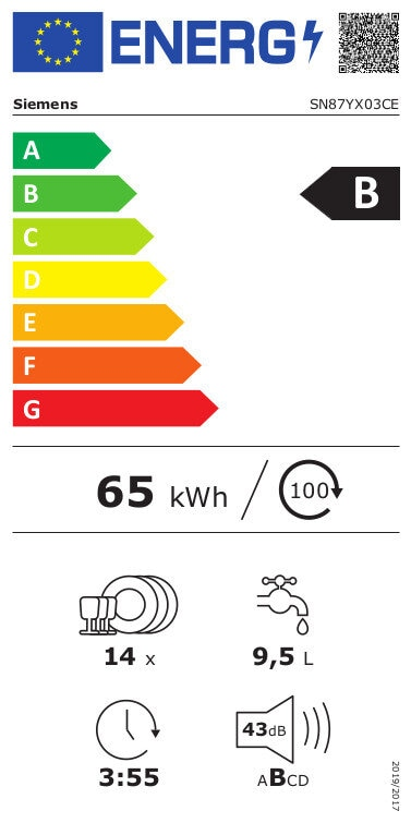 Etykieta energetyczna zmywarki Siemens. Klasa B, 65 kWh/100 cykli i więcej.