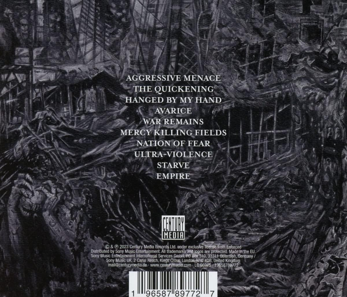 Schwarz-weißes Albumcover mit Texttiteln und Century Media Logo. Illustration einer zerstörten Stadt.