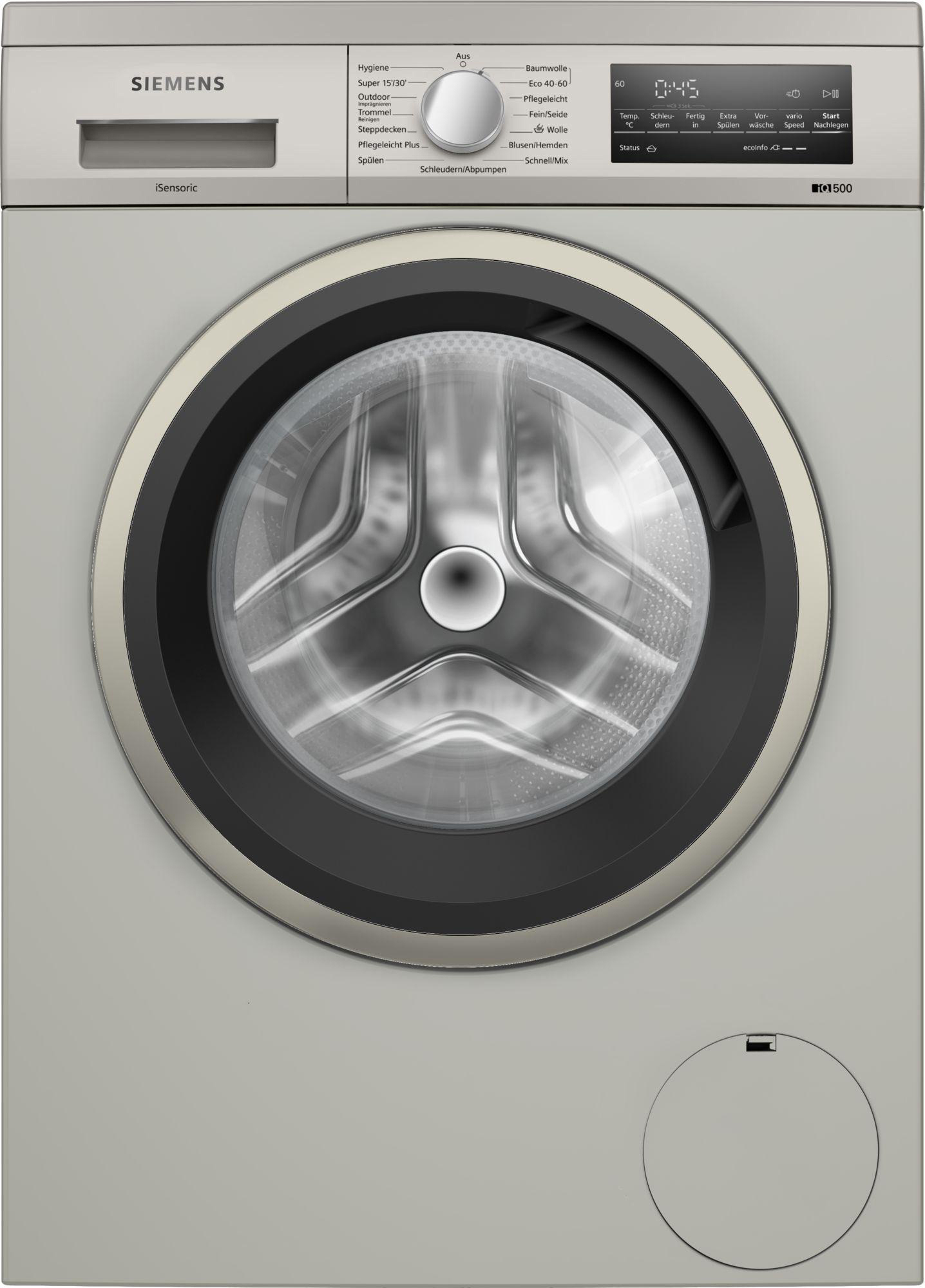 Eine silberne Siemens Waschmaschine mit schwarzer Tür. Sie hat Knöpfe und ein Display mit Countdown-Timer. Die Tür ist rund.