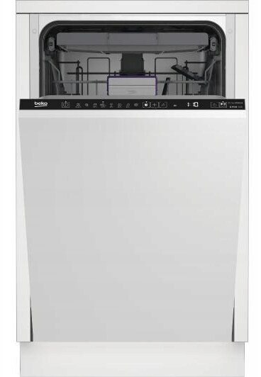 Biała zmywarka Beko z otwartymi drzwiami, ukazująca wnętrze.
