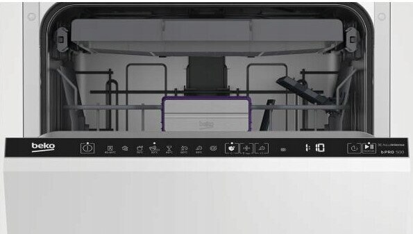 Biała zmywarka z otwartymi drzwiami, pokazująca panel sterowania i wnętrze.