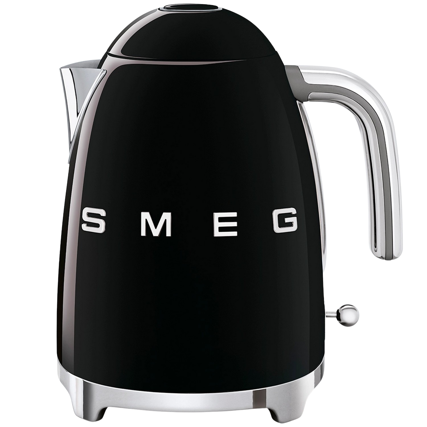Bouilloire électrique SMEG noire avec détails argentés, poignée et base. Le nom de la marque est visible.