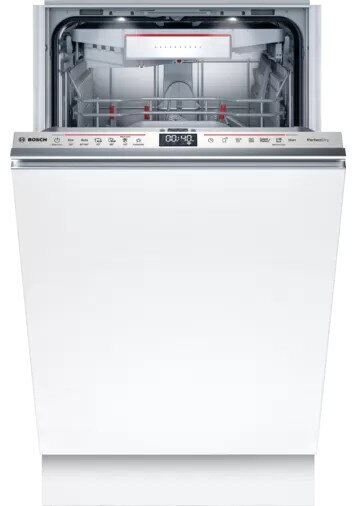 Biała zmywarka z otwartymi drzwiami, pokazująca wnętrze i panel sterowania.