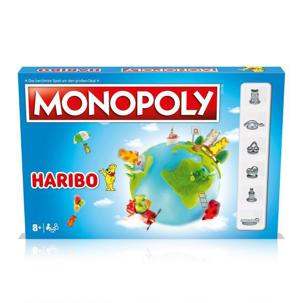 Monopoly Haribo Edition Box, mit bunter Weltkarte und Gummibärchen-Charakteren im Design.