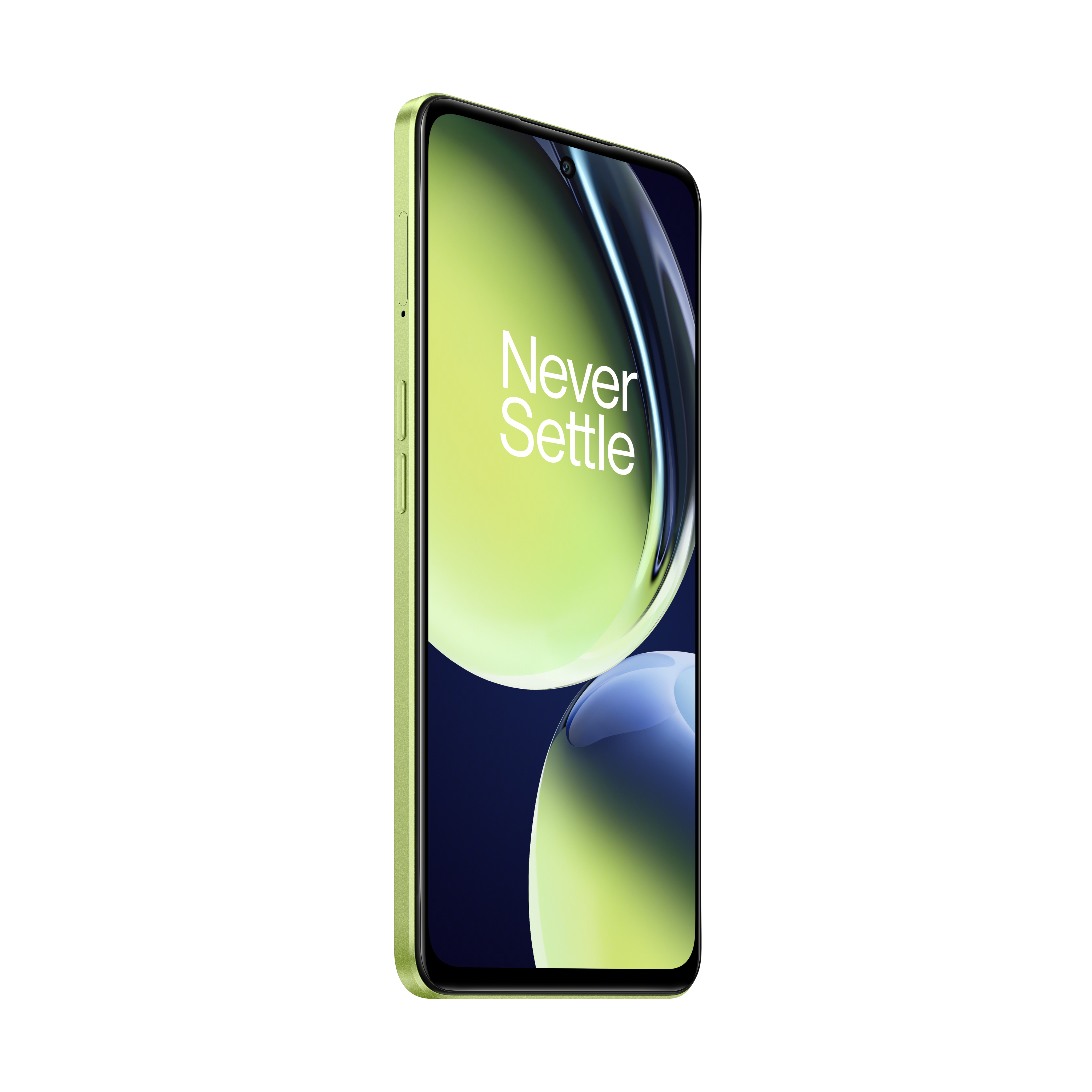 Smartphone OnePlus con marco y pantalla verdes. Aparecen las palabras Never Settle.