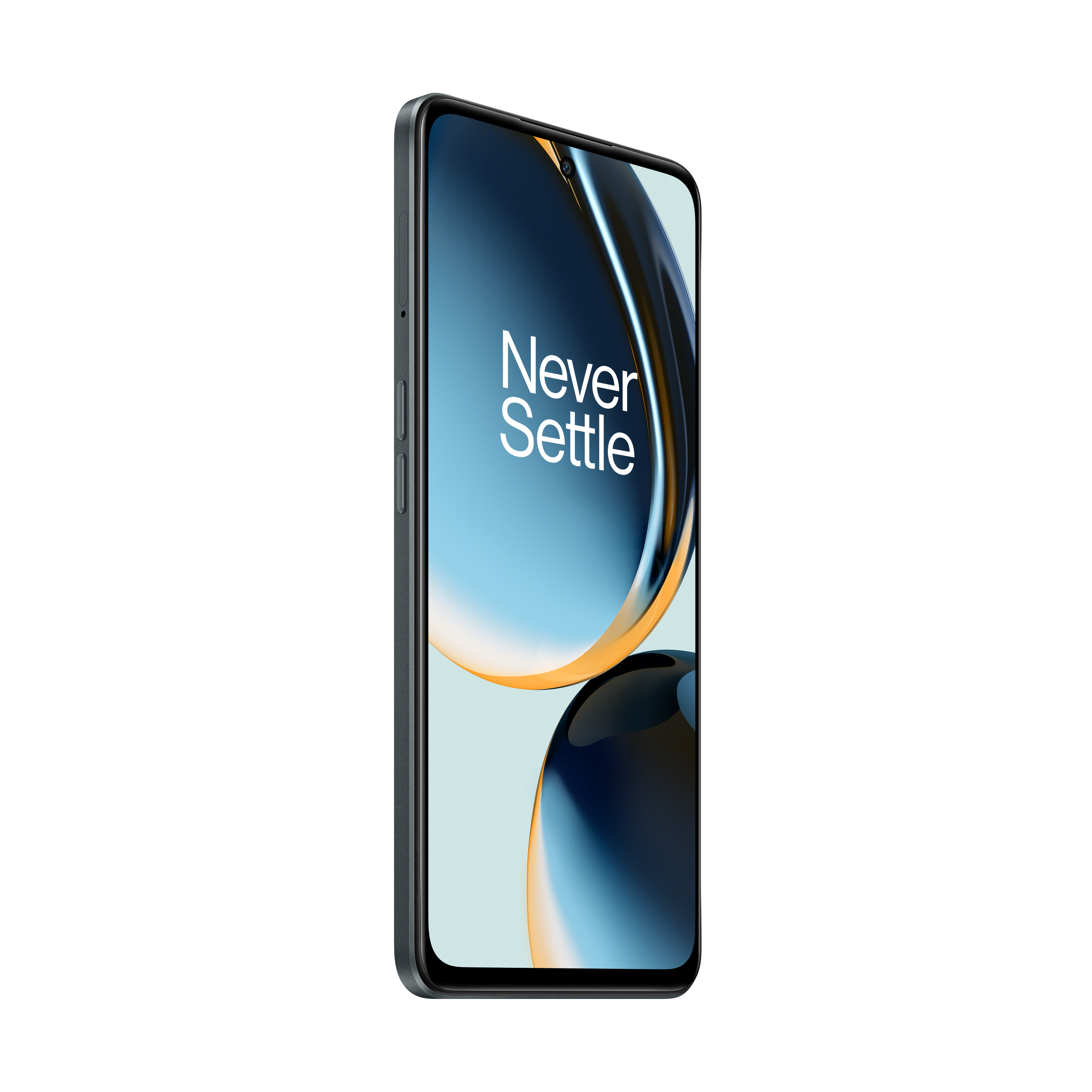 Un teléfono inteligente con marco negro y las palabras 'Never Settle' en la pantalla.