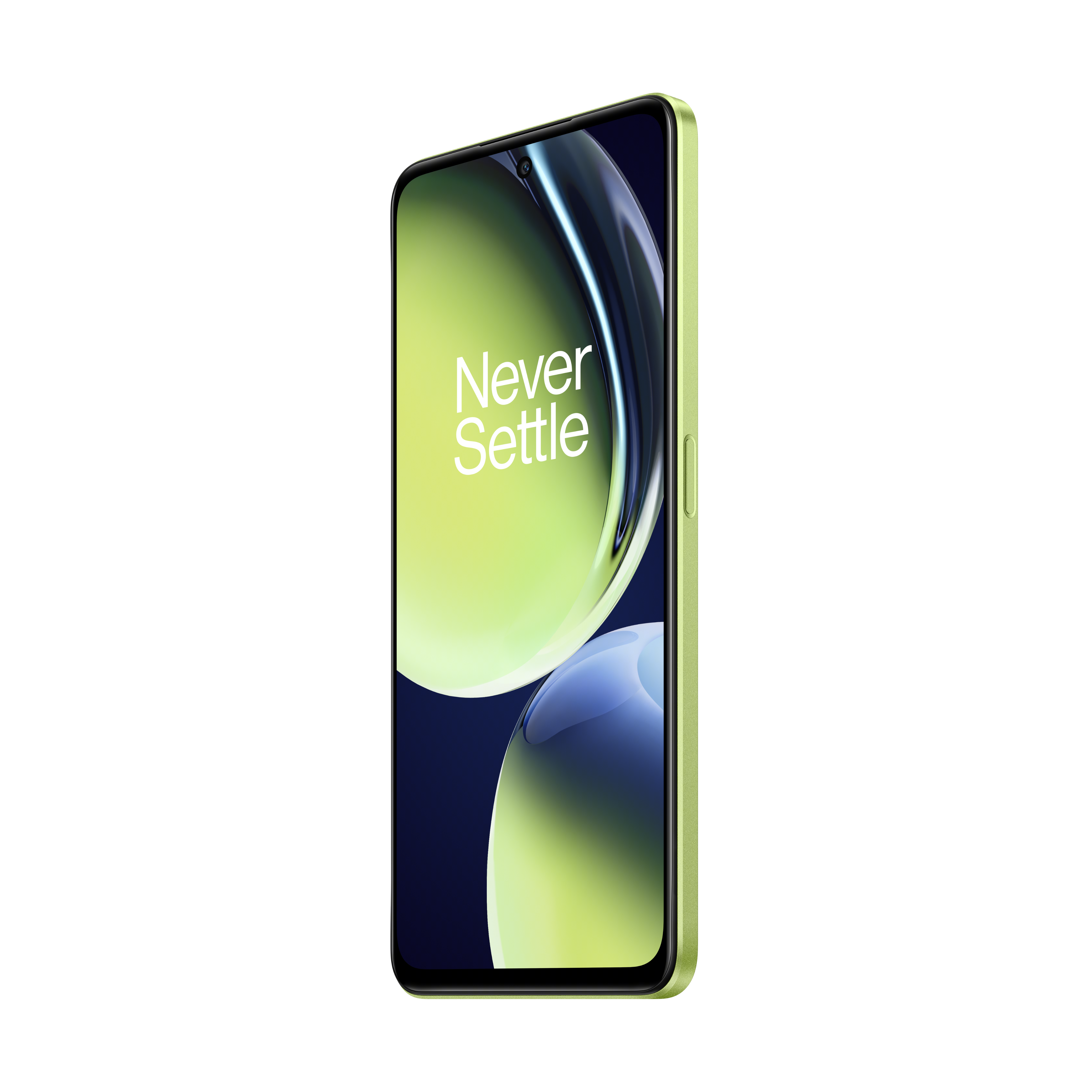 Teléfono verde y negro con el texto 'Never Settle' en la pantalla.