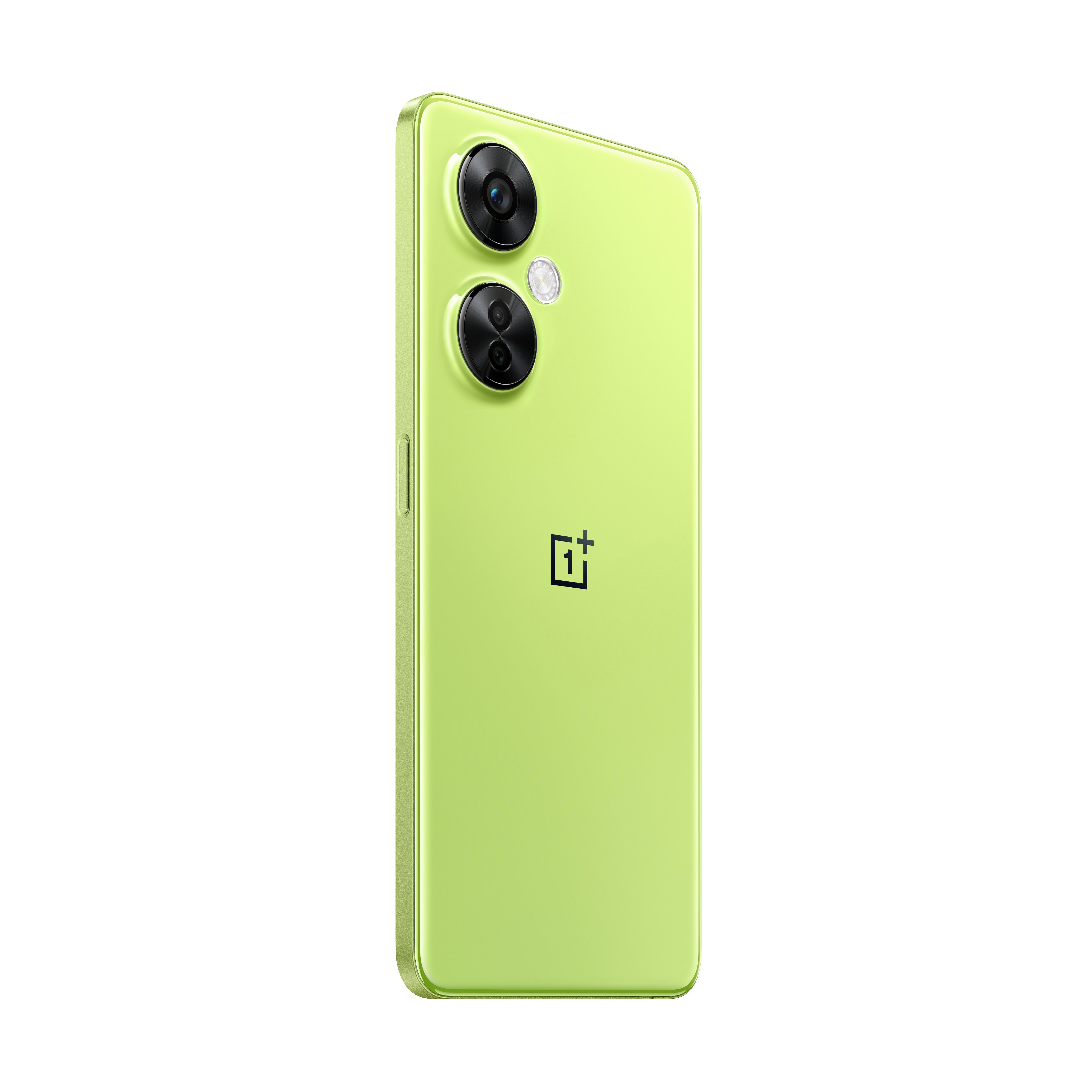 Smartphone verde con dos lentes de cámara y un flash. Logotipo de OnePlus en la parte trasera. Fondo negro.