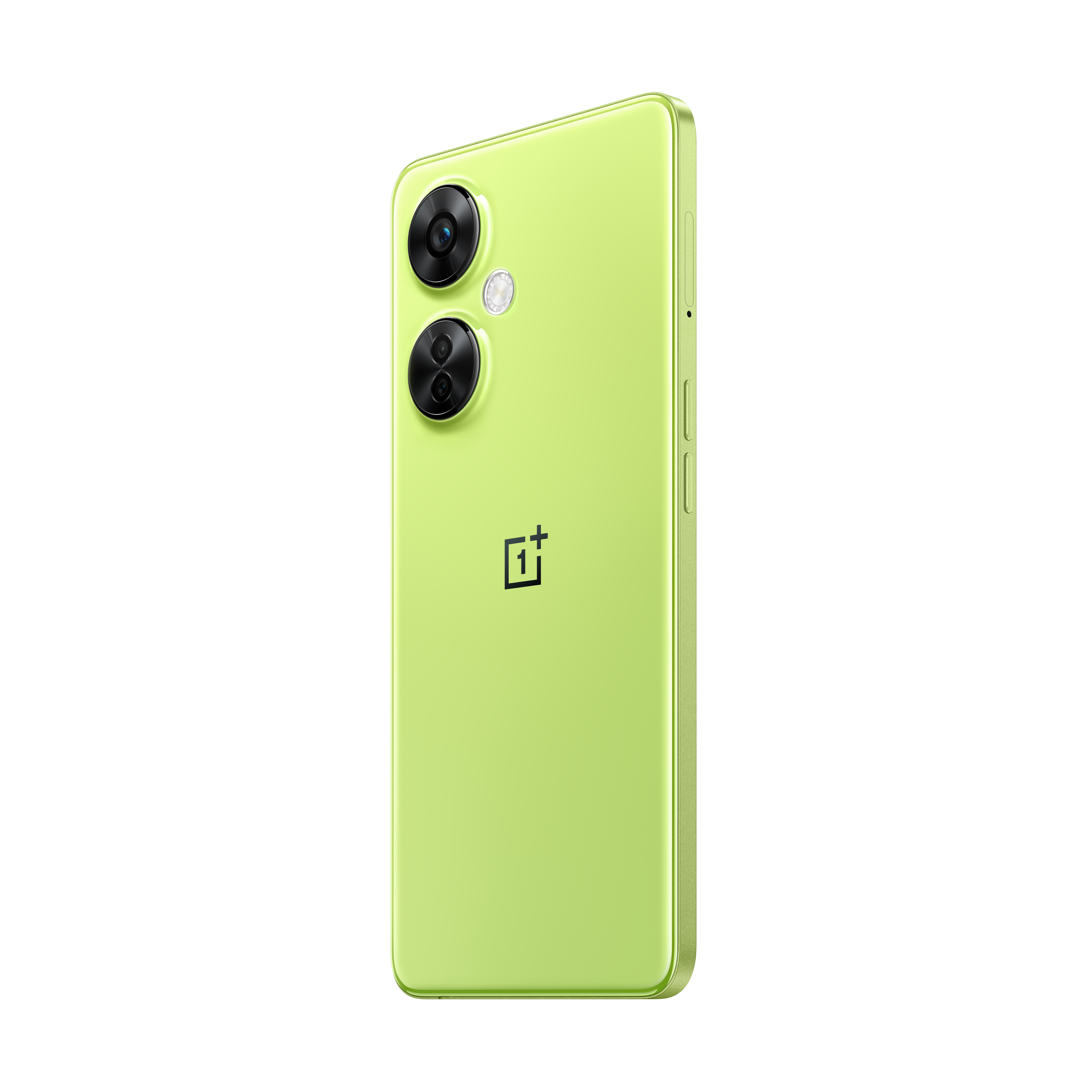 Smartphone verde con dos cámaras y un logo one plus sobre negro.