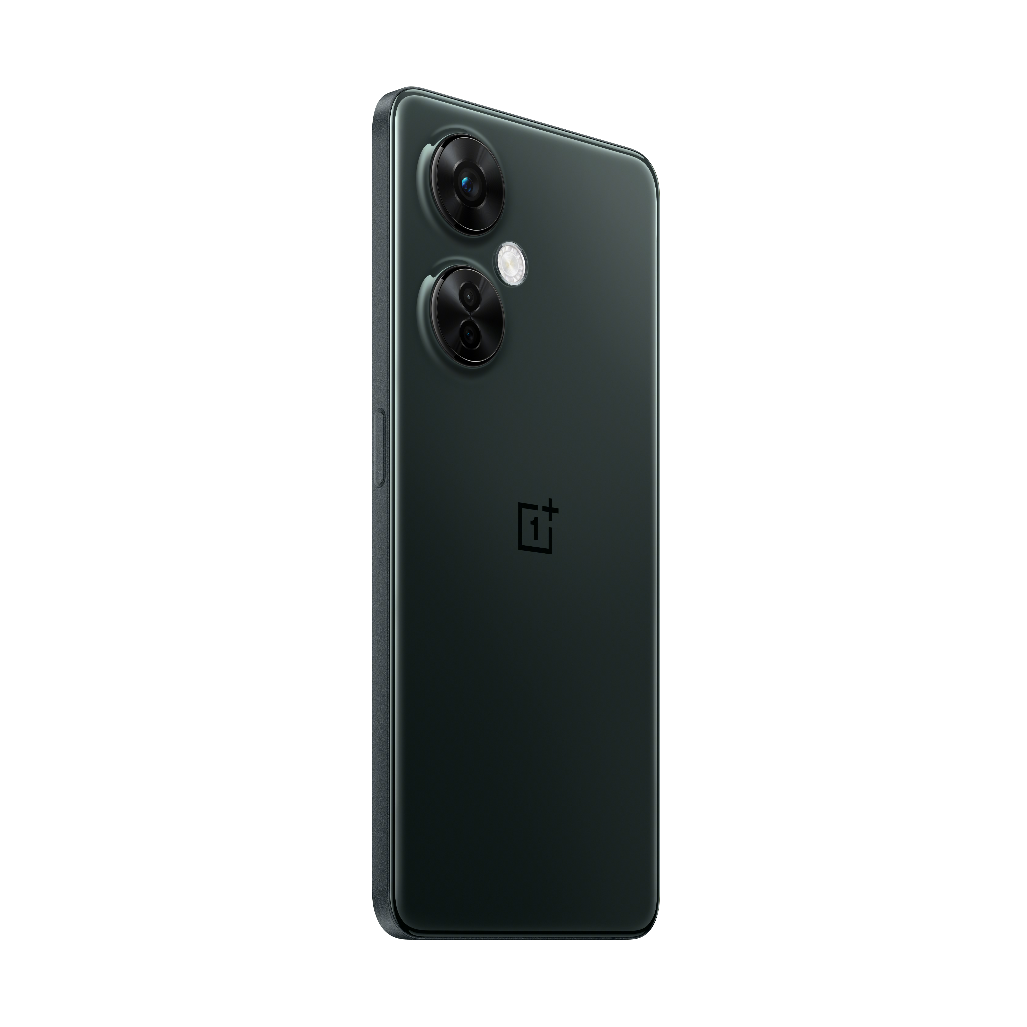 Un teléfono inteligente verde oscuro. La parte trasera del teléfono con dos cámaras.
