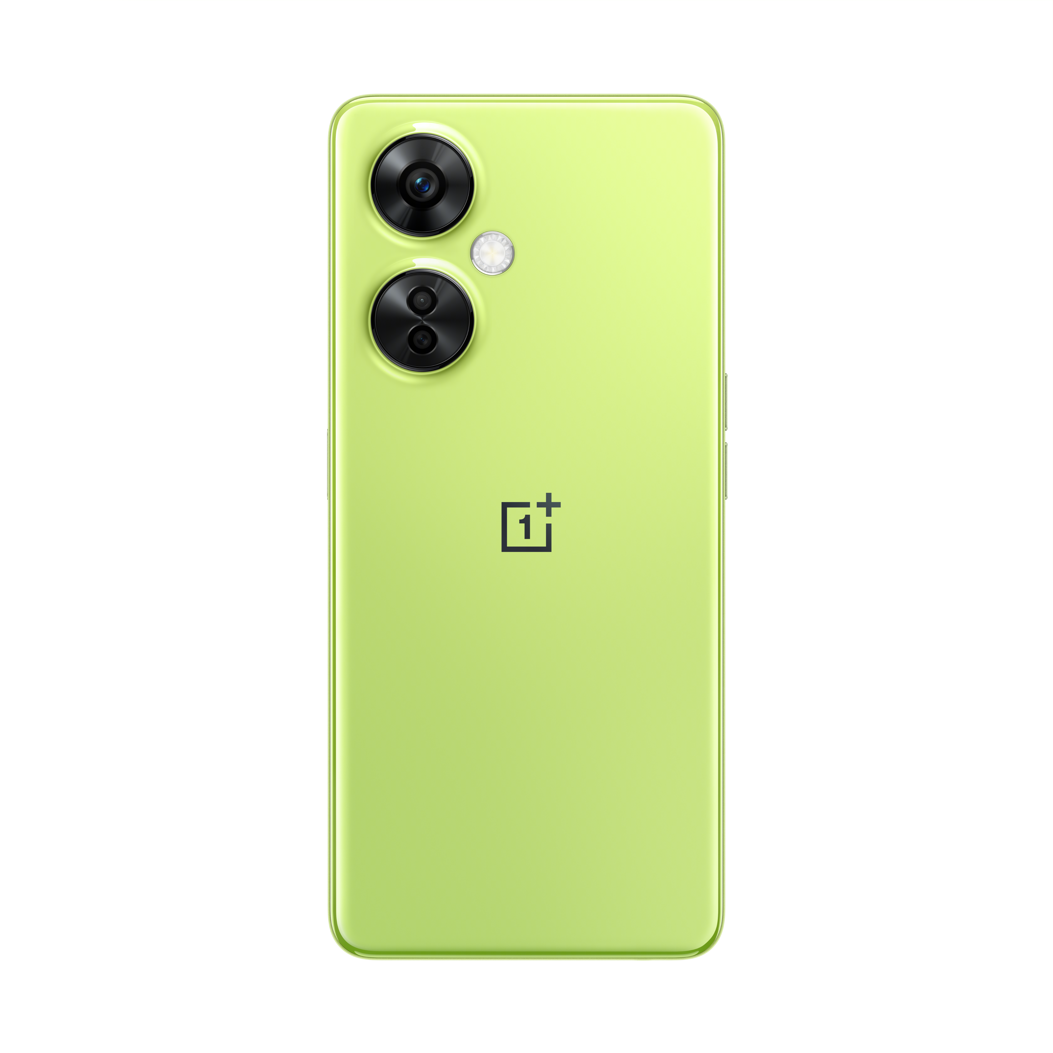 Smartphone verde lima, vista trasera, con dos lentes de cámara y un logotipo de una línea.