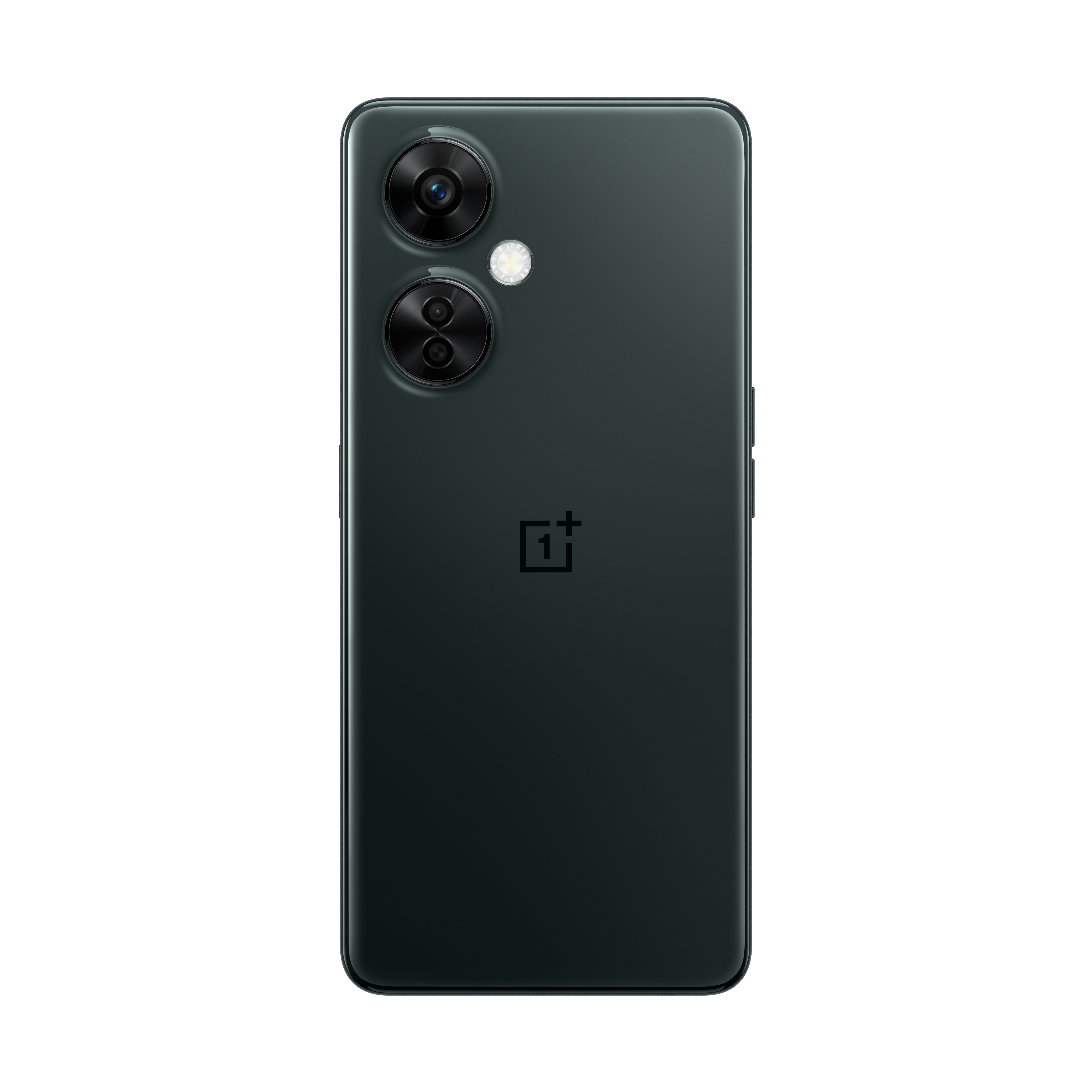 Parte trasera de un smartphone verde oscuro con lentes de cámara y el logotipo de OnePlus.