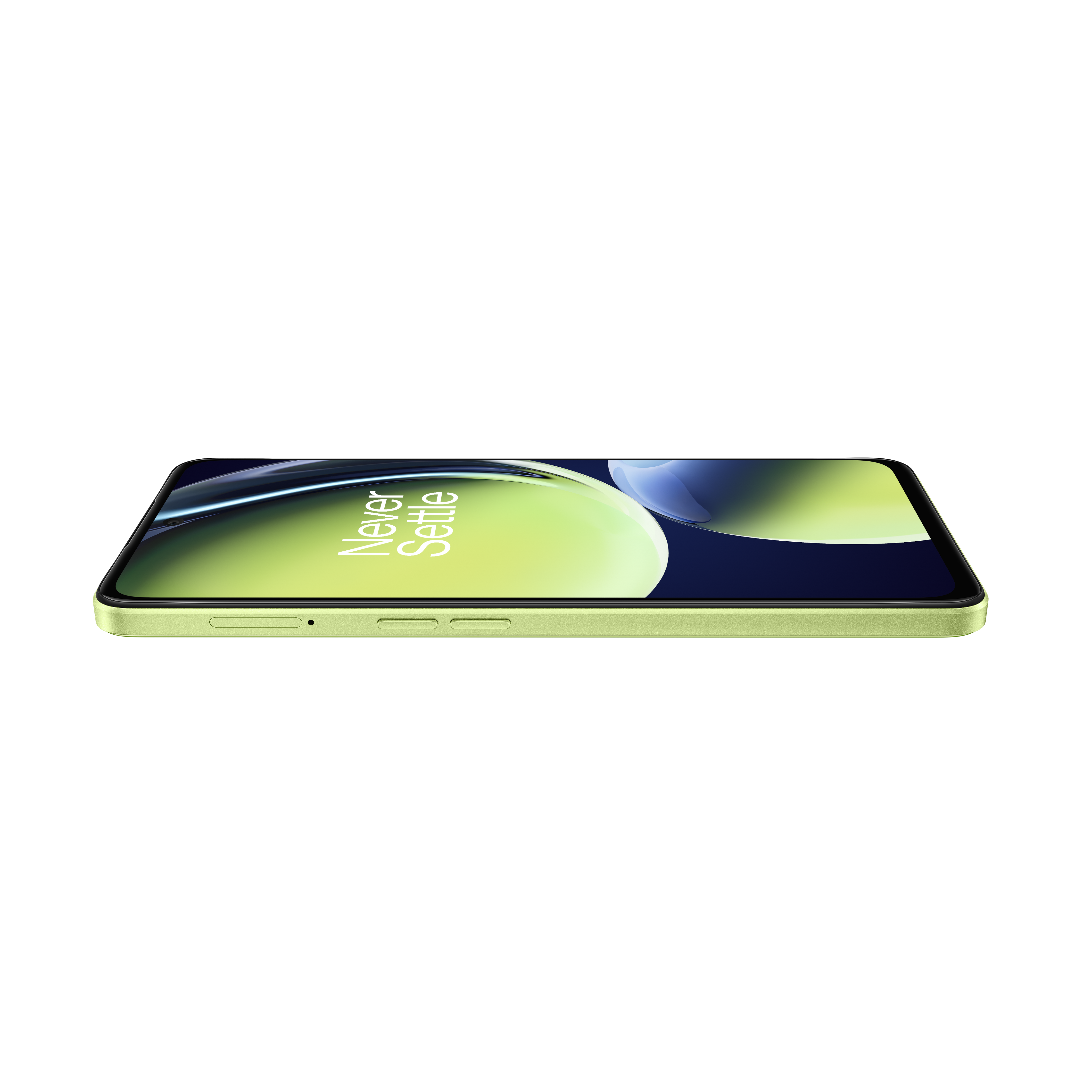 Un smartphone delgado y verde está plano, mostrando una pantalla con las palabras 'Never Settle'.