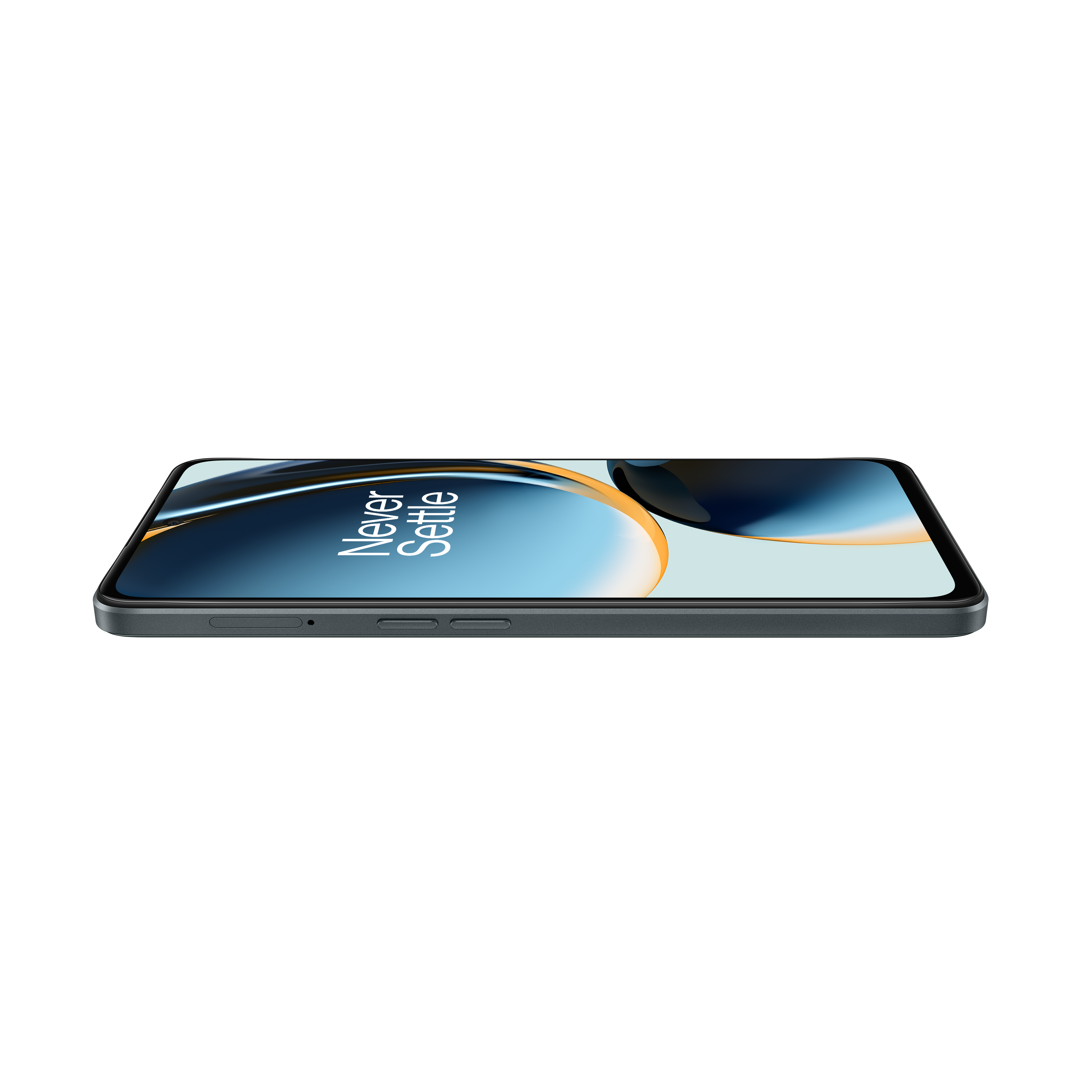 Un smartphone negro, tumbado de lado. La pantalla muestra 'Never Settle'.