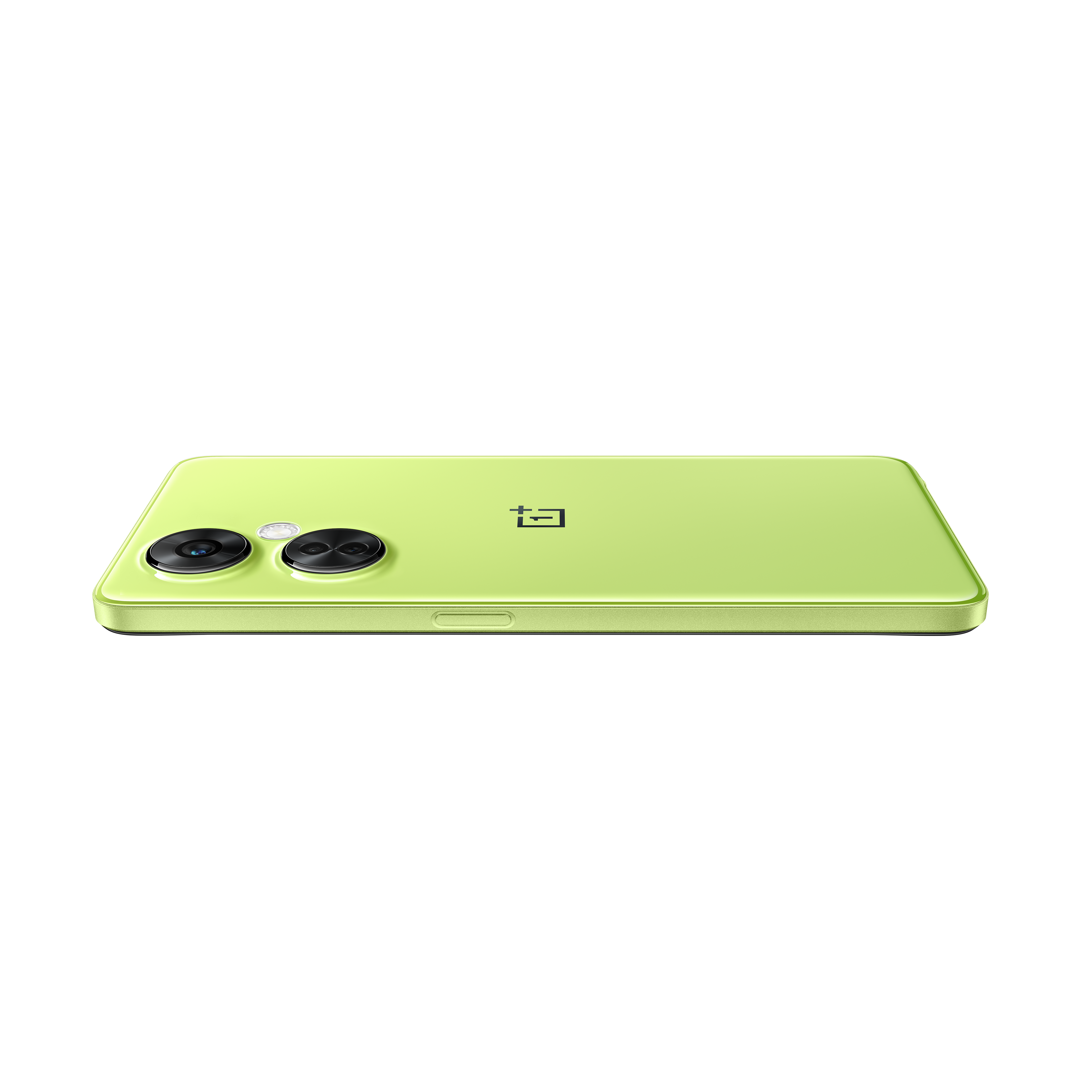 Smartphone verde lima con dos cámaras, fondo negro. Vista lateral.