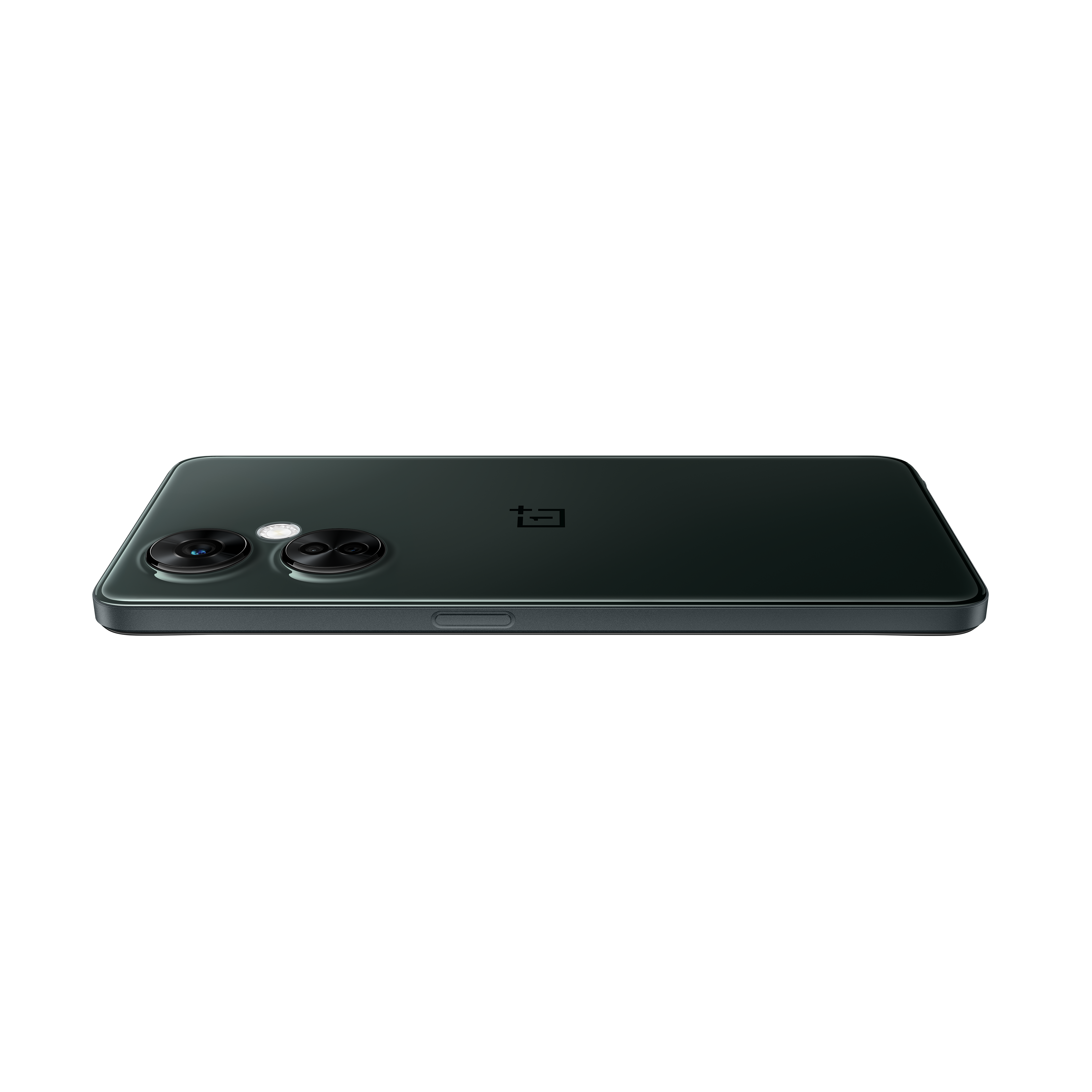 Smartphone verde oscuro sobre fondo negro, mostrando la parte trasera.