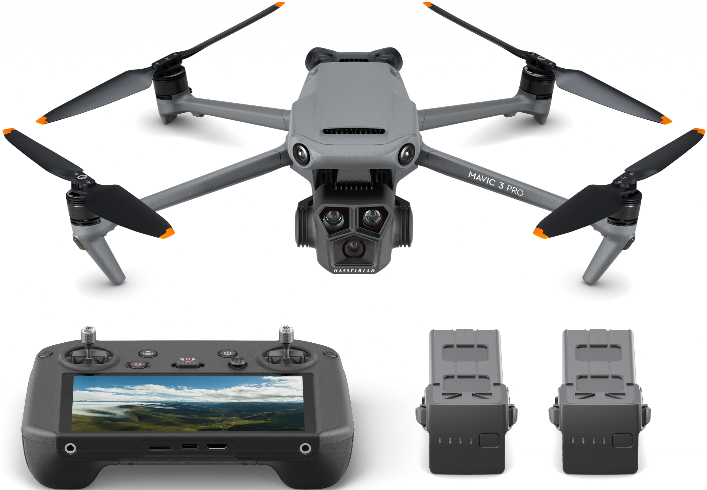 DJI Mavic 3 Pro Drohnen-Kit mit Drohne, Fernbedienung, Akkus und Ladezubehör.