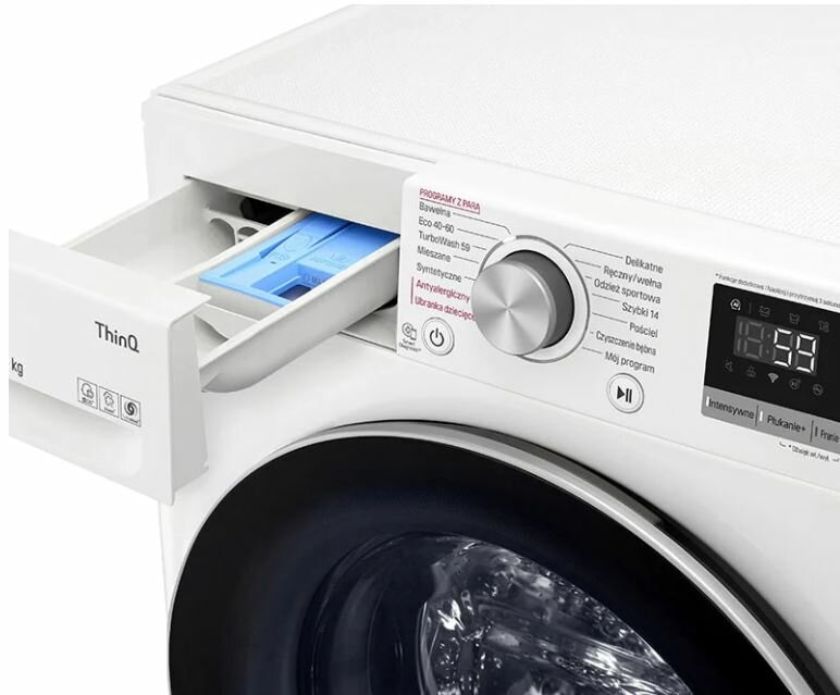 Pralka z otwartą szufladą, pokazująca komorę na detergent. Widoczny panel sterowania.