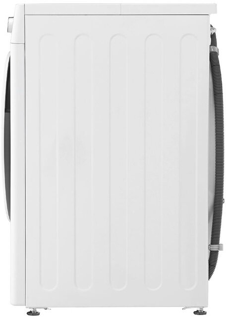 Widok z boku białej pralki LG. Pokazuje bok z wężem i tylny panel. Czysty i nowoczesny design.