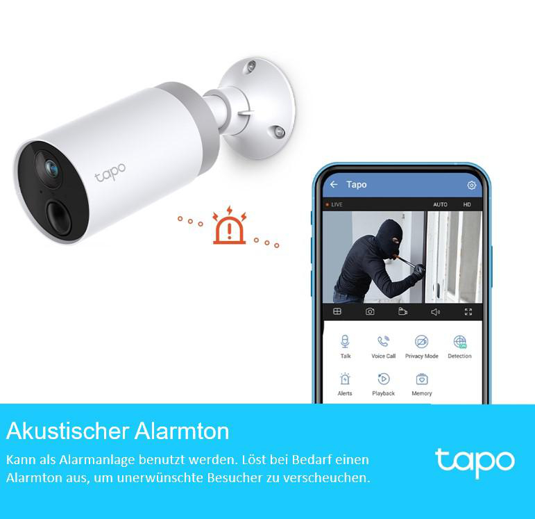 Überwachungskamera und Smartphone, das eine Person anzeigt. Die Kamera ist weiß, das Telefon schwarz.