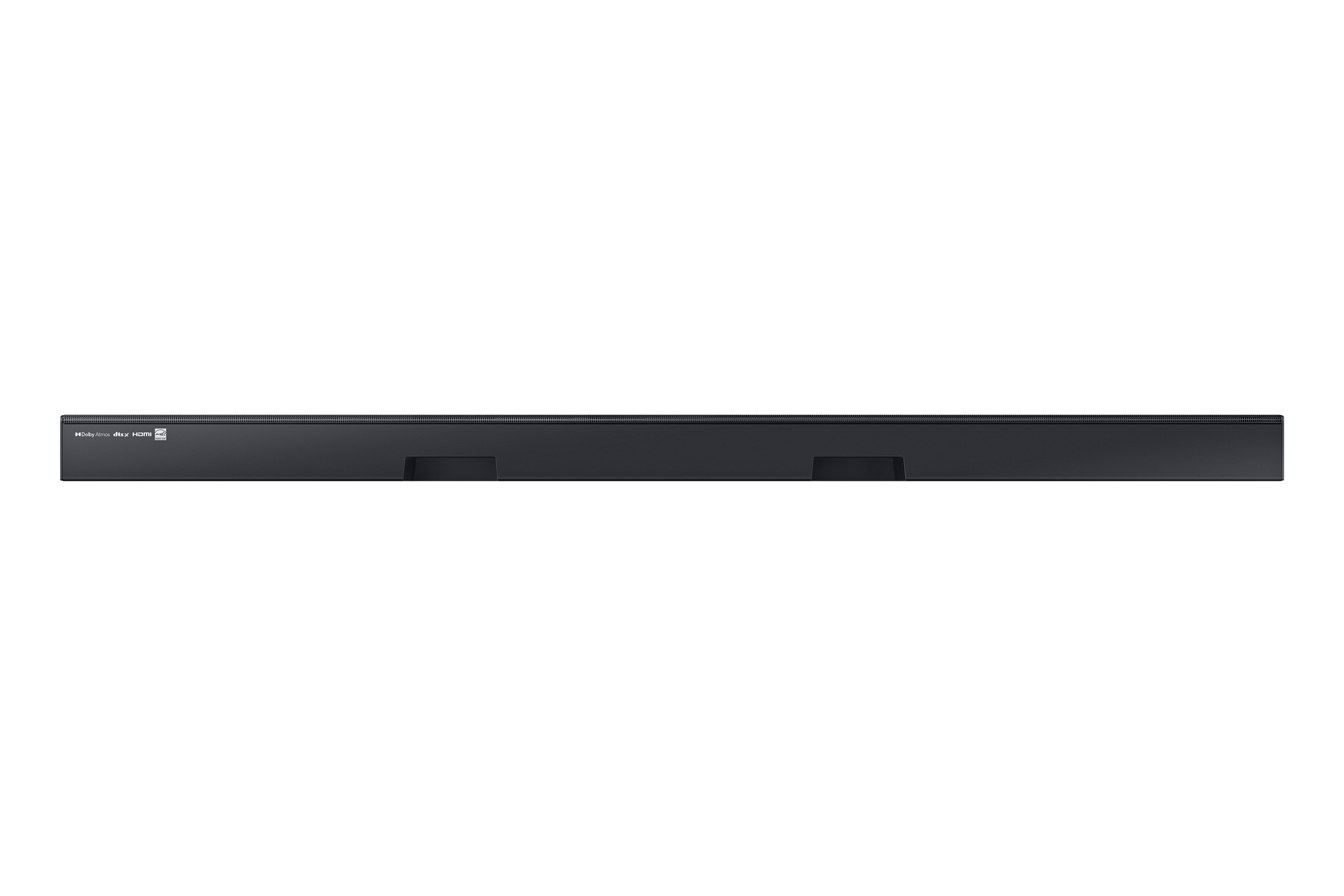 Eine schwarze Soundbar auf schwarzem Hintergrund, mit dem Dolby Atmos Logo.