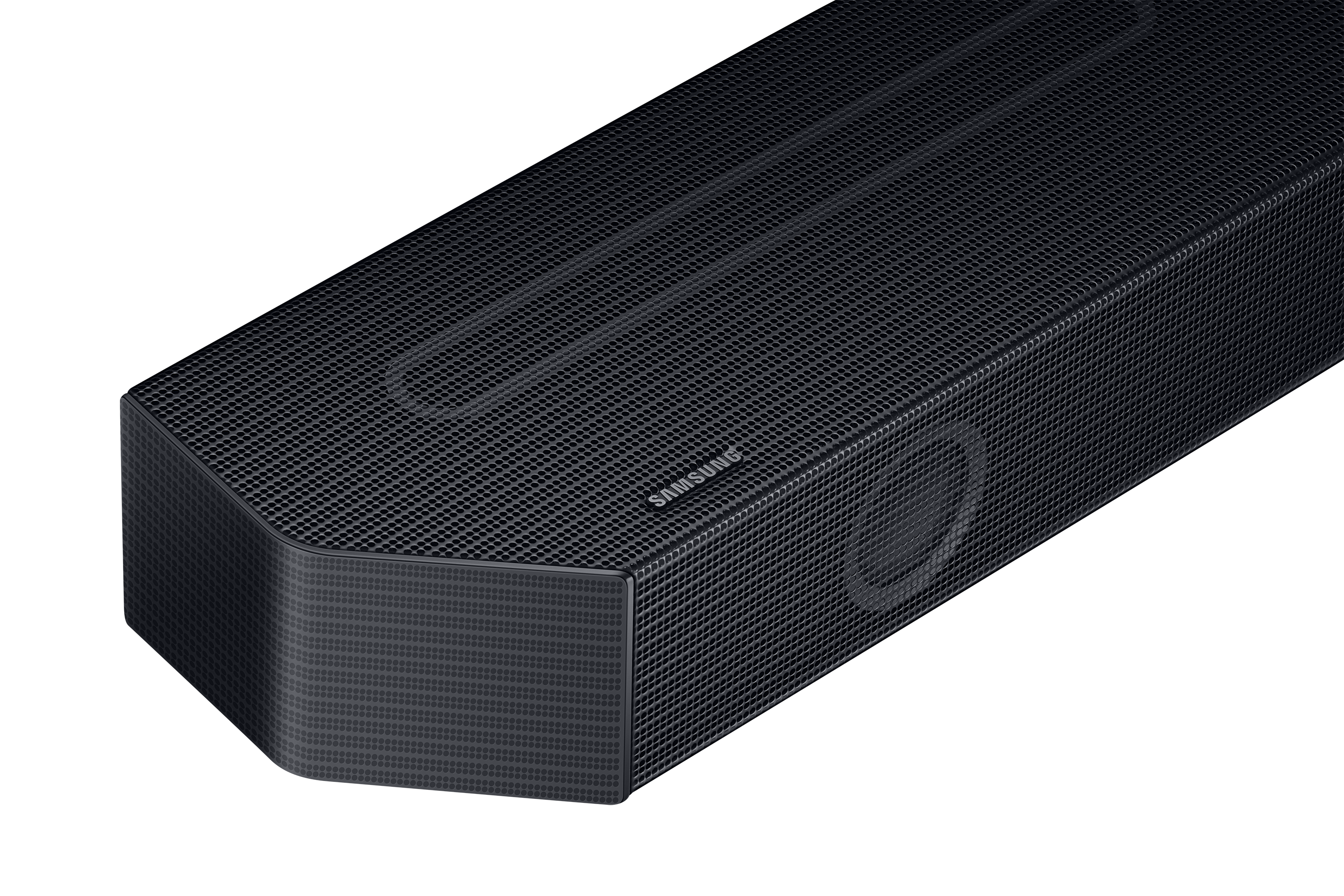 Schwarze Samsung Soundbar mit Mesh-Design, Samsung-Logo, auf schwarzem Hintergrund.