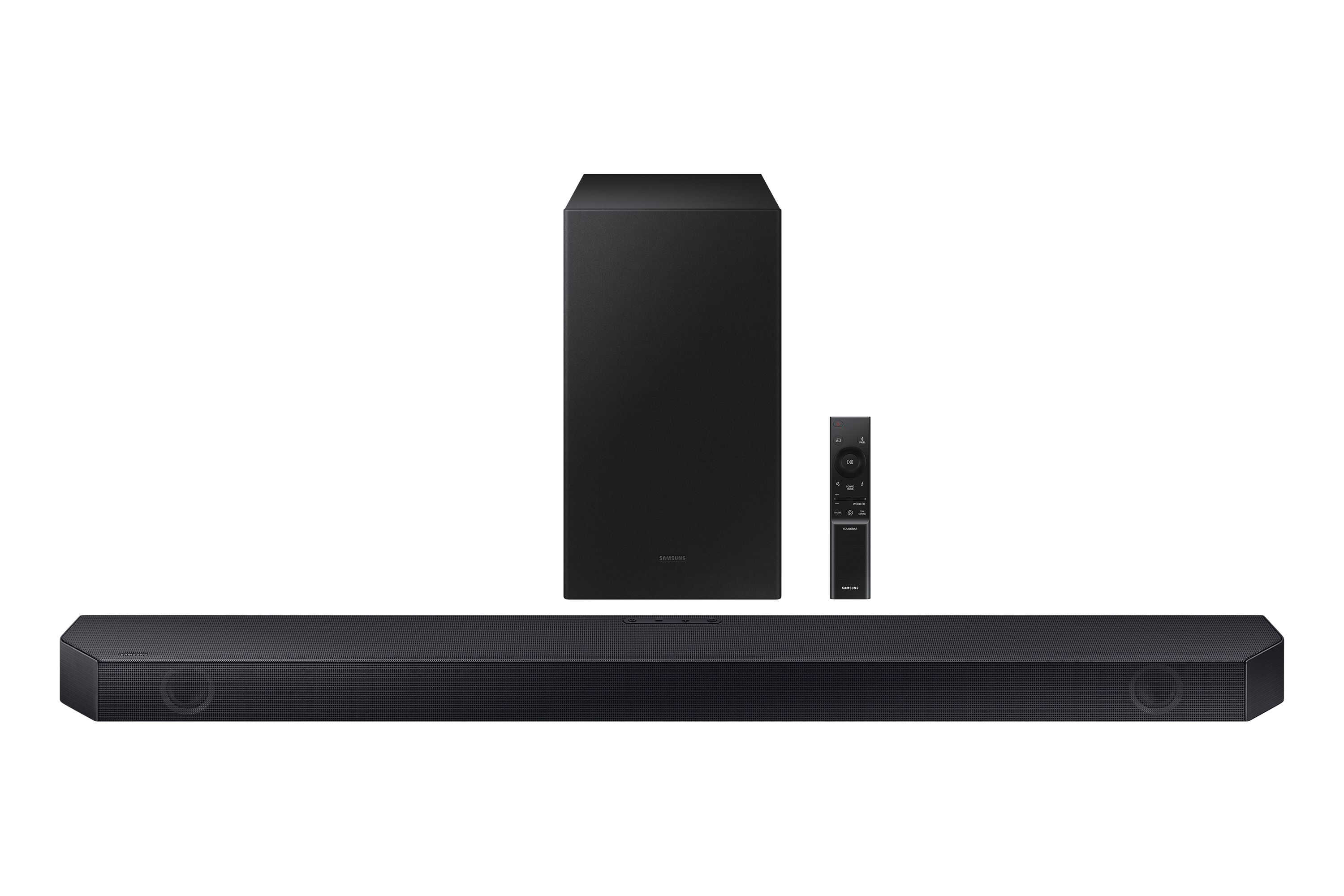 Eine schwarze Soundbar, ein Subwoofer und eine Fernbedienung auf dunklem Hintergrund.