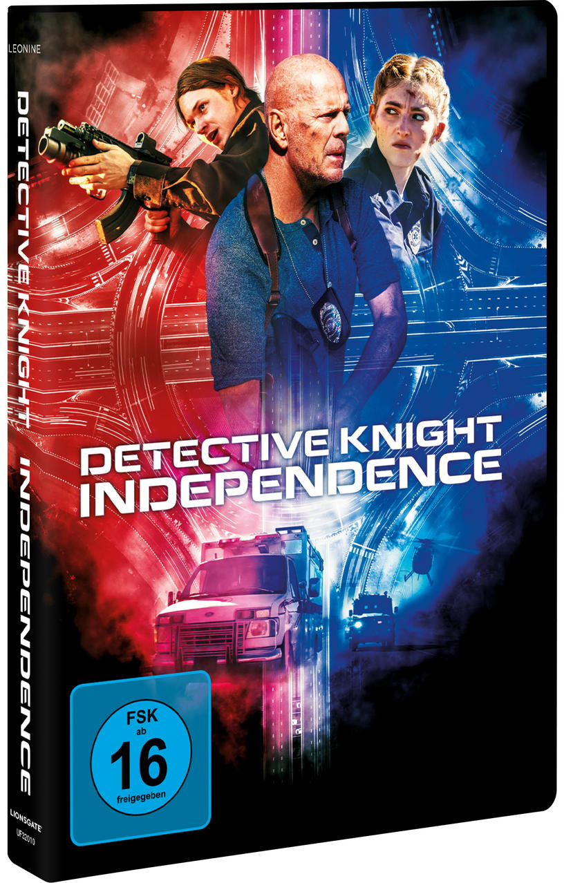 DVD-Cover für 'Detective Knight: Independence'. Zeigt drei Schauspieler und einen Polizeiwagen in einer Stadtszene.