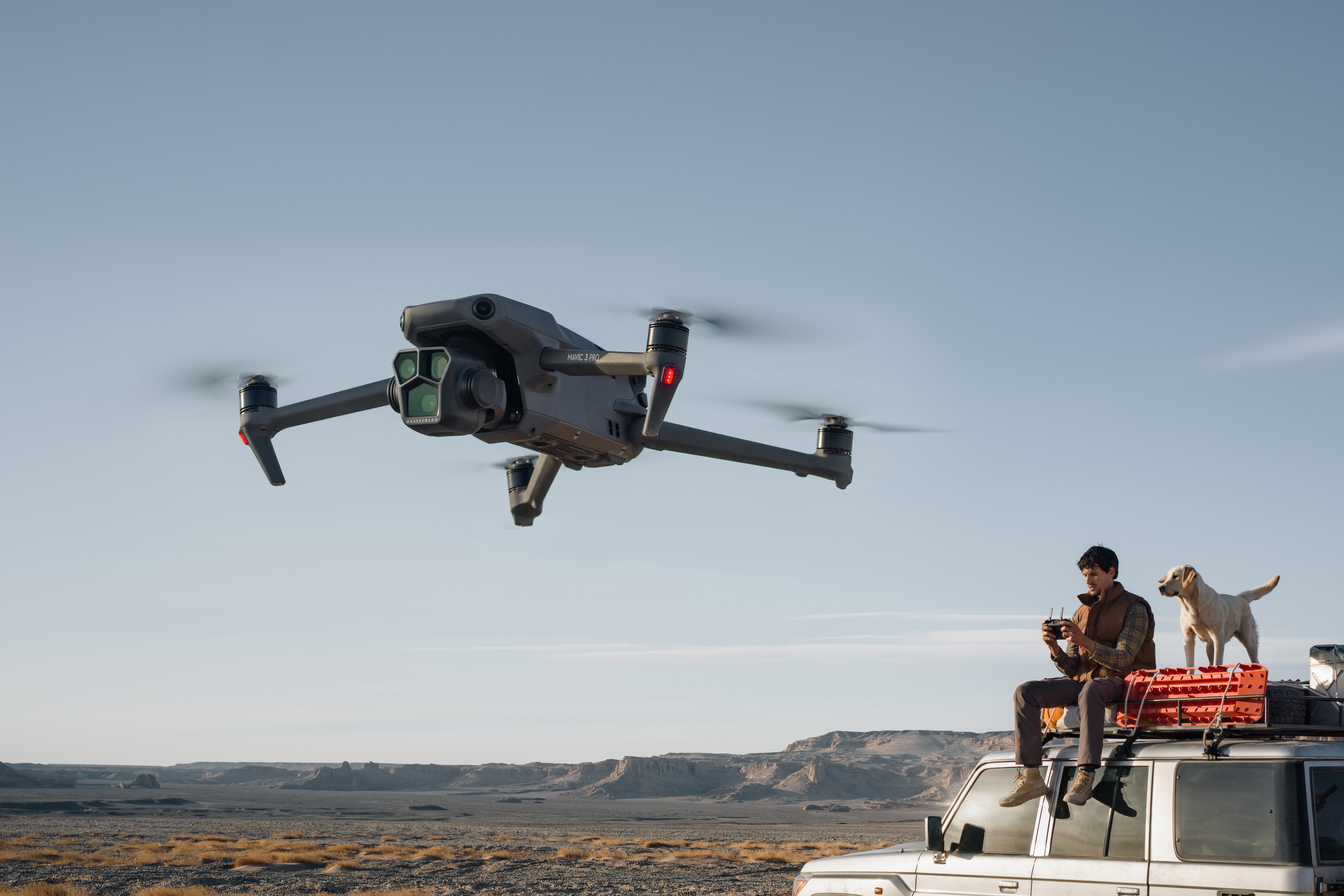 Drone che vola nel cielo, con una persona e un cane sopra un'auto.