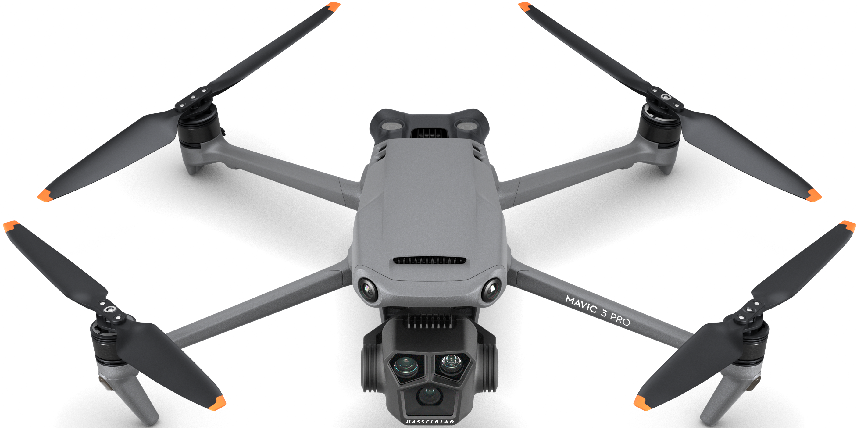 Un drone grigio con quattro eliche, con l'etichetta 'Mavic 3 Pro' sul lato.