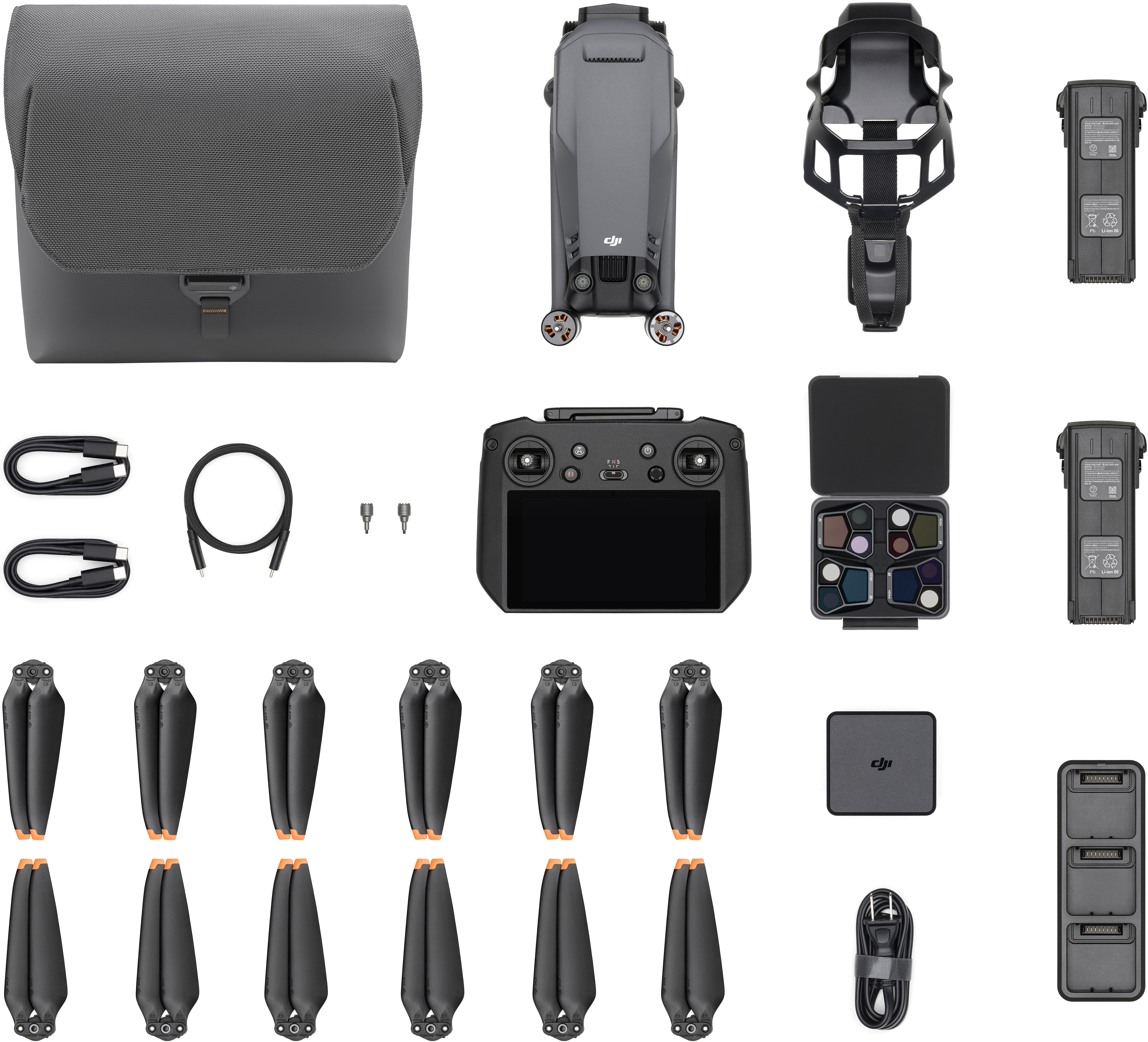 Kit drone DJI: drone, controller, batterie, eliche, caricabatterie e custodia.