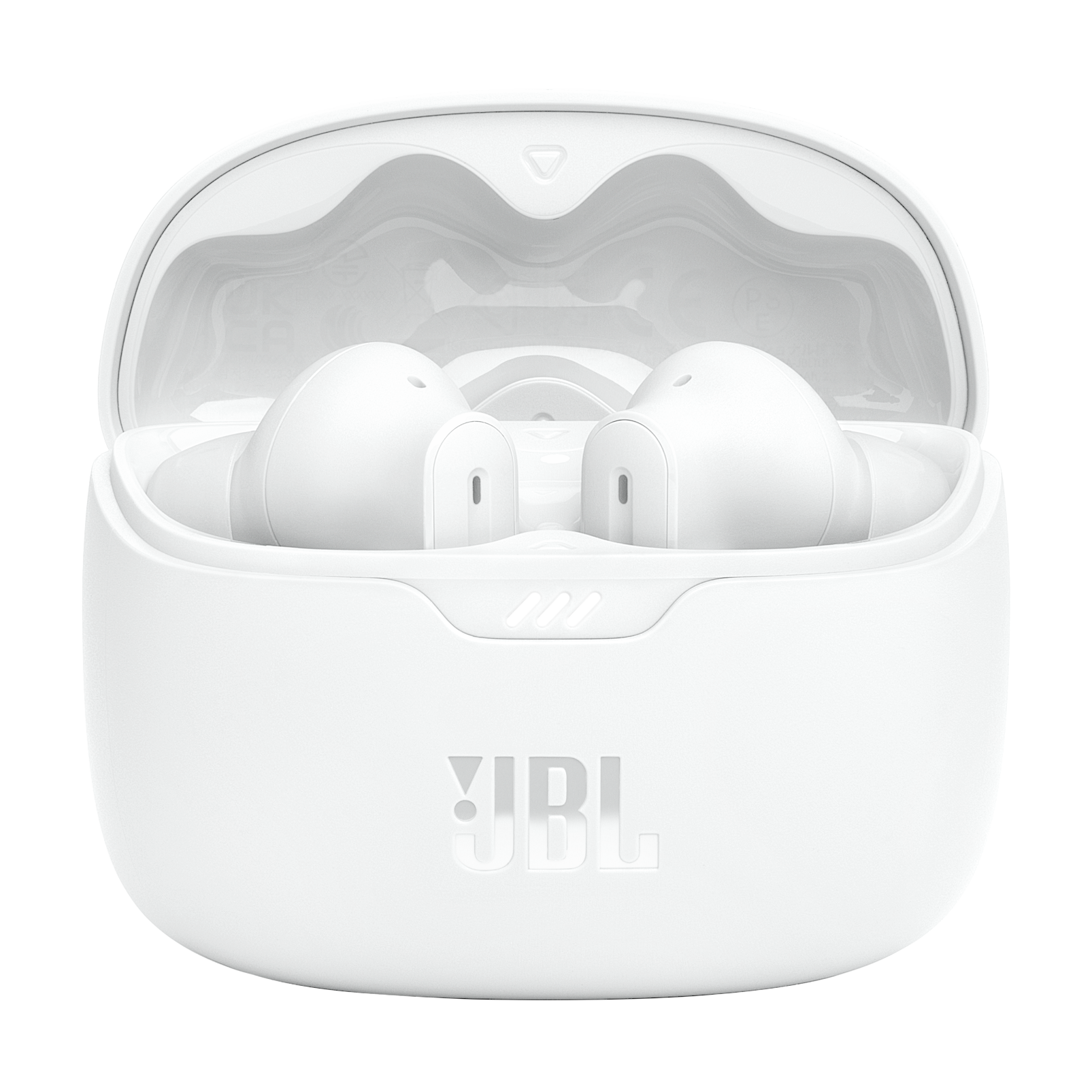 Fehér JBL fülhallgatók egy nyitott tokban. A tok és a fülhallgatók fehérek.