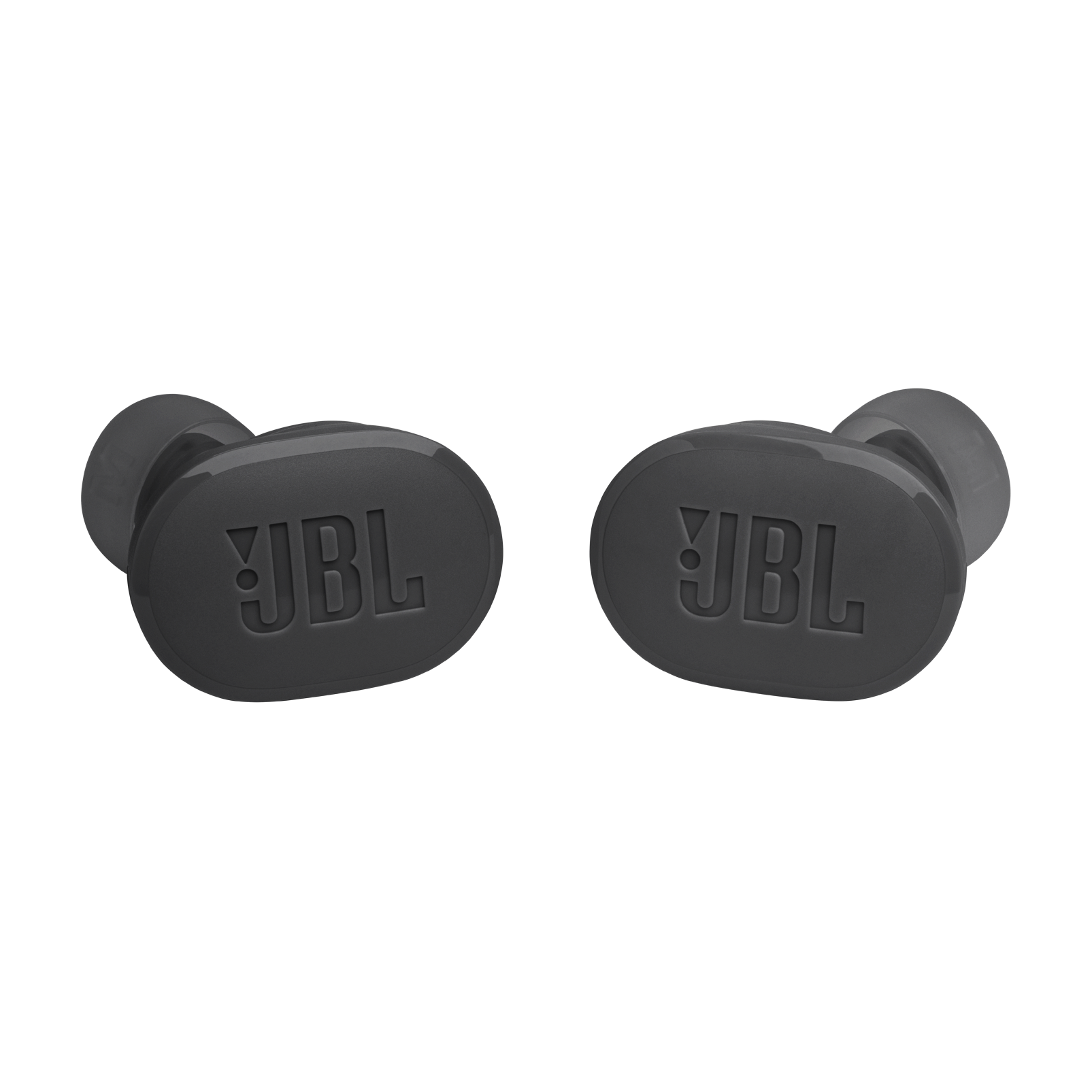 Két sötétszürke JBL vezeték nélküli fülhallgató, fekete háttér. JBL logó látható.