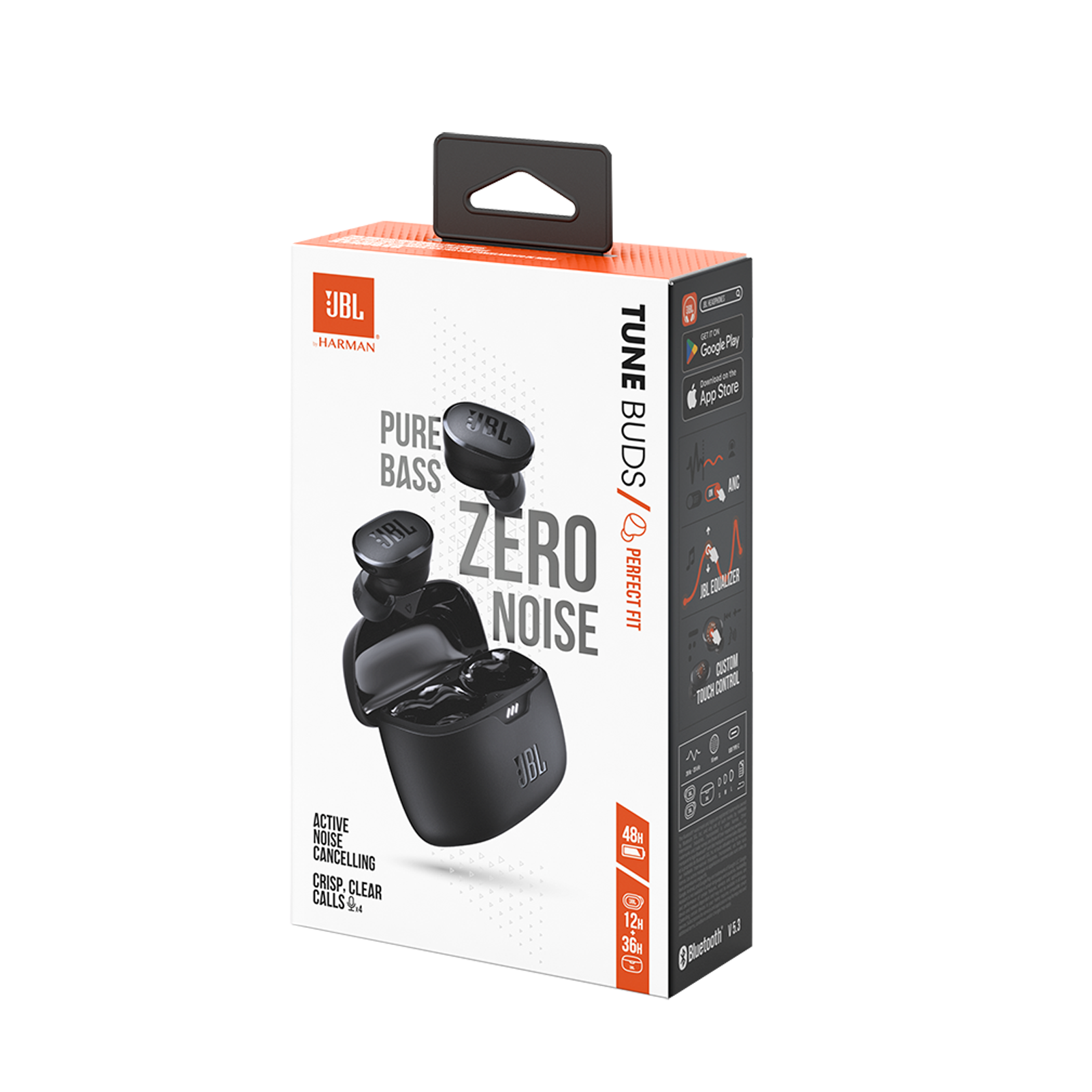 Fekete JBL Tune Buds doboz fülhallgatóval és funkciókat leíró szöveggel.