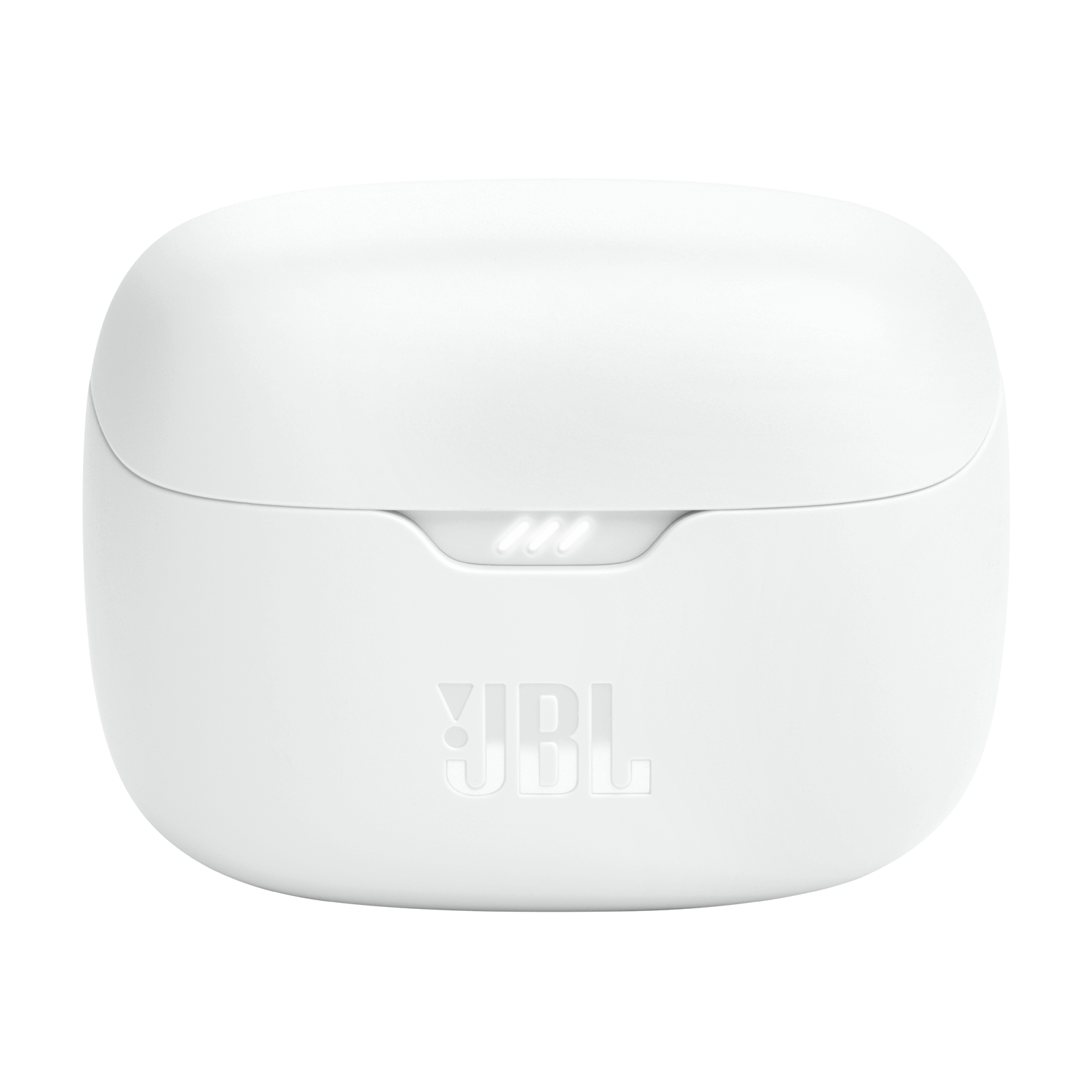 Egy fehér, zárt JBL fülhallgató töltőtok, elöl a JBL logóval.