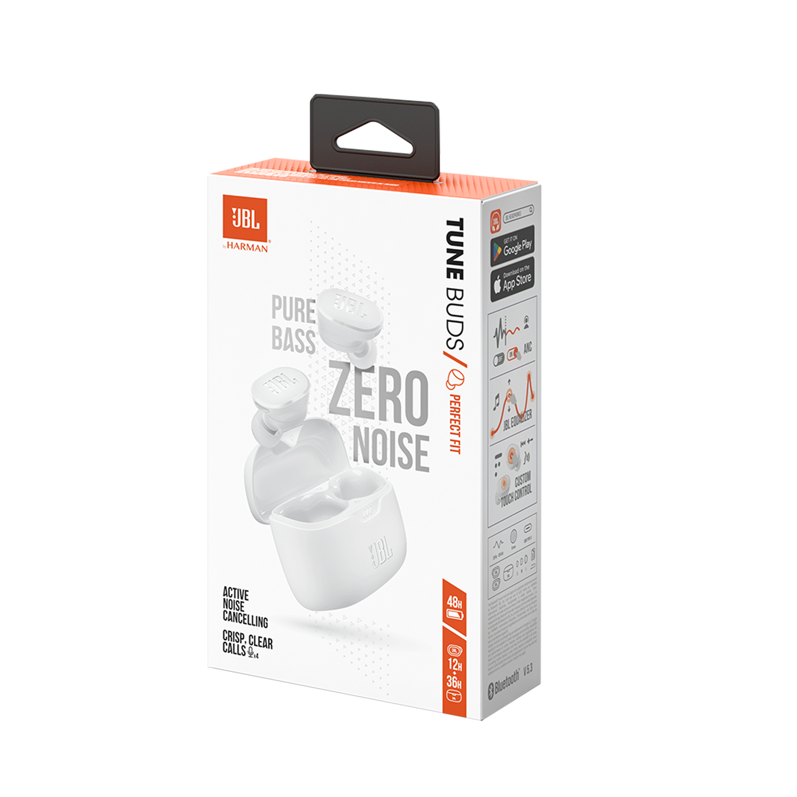 Egy fehér JBL Tune Buds doboz, mellette egy pár fehér fülhallgatóval. Termék részletek jelennek meg.