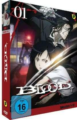 DVD-Cover für 'Blood+'. Anime-Stil-Kunst. Zwei Charaktere mit Schwertern. Rotes und schwarzes Design.