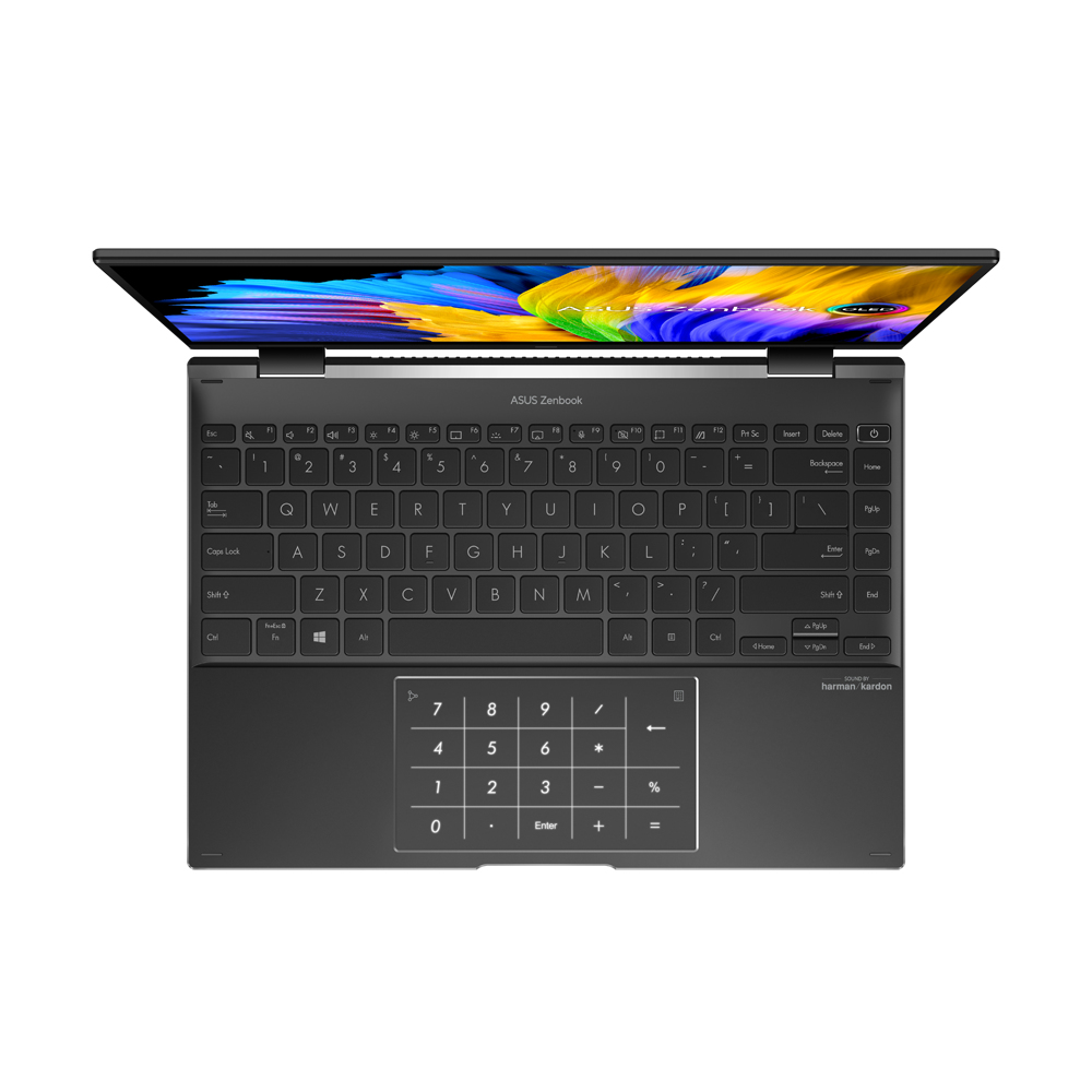 Draufsicht auf einen schwarzen Laptop mit geöffnetem Bildschirm, zeigt Tastatur und Touchpad.