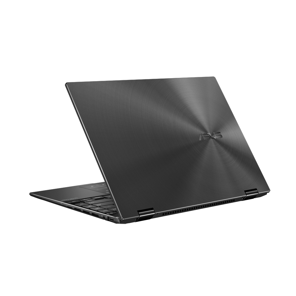 Schwarzer Laptop mit Metallic-Finish, Rückansicht.