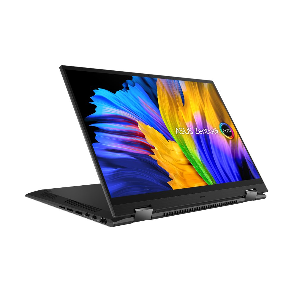 Ein schwarzer Laptop mit farbenfrohem Bildschirm und ASUS Zenbook Logo.