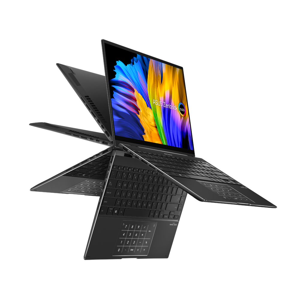 Ein schwarzer Laptop ist in mehreren Positionen geöffnet. Der Bildschirm zeigt Farben. Tastatur und Trackpad sind sichtbar.