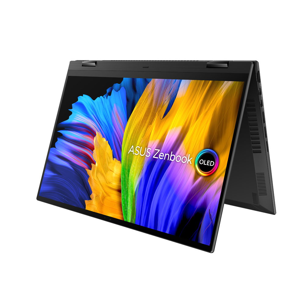 Schwarzes Asus Zenbook-Laptop mit lebendigem Display, geöffnet auf weißem Hintergrund.