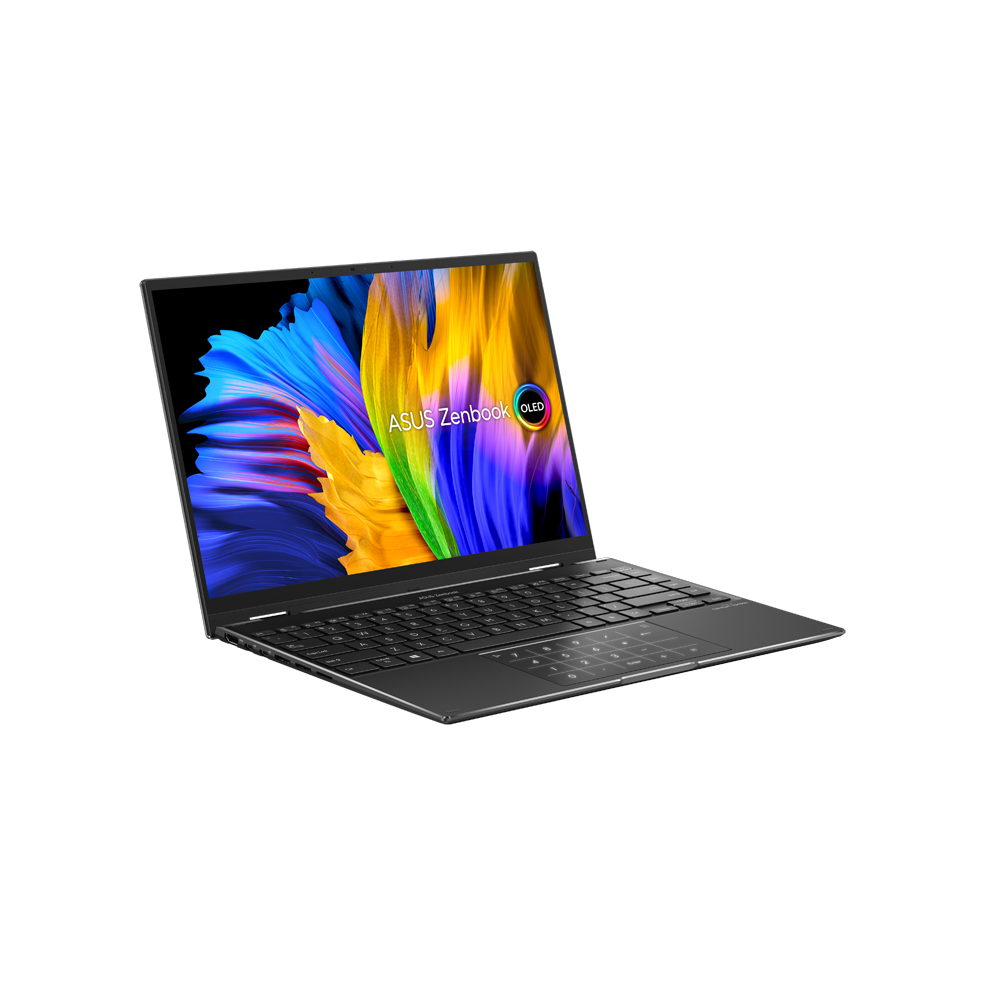 Schwarzes ASUS Zenbook-Laptop mit farbenfrohem Bildschirm, offen. Auf weißem Hintergrund.