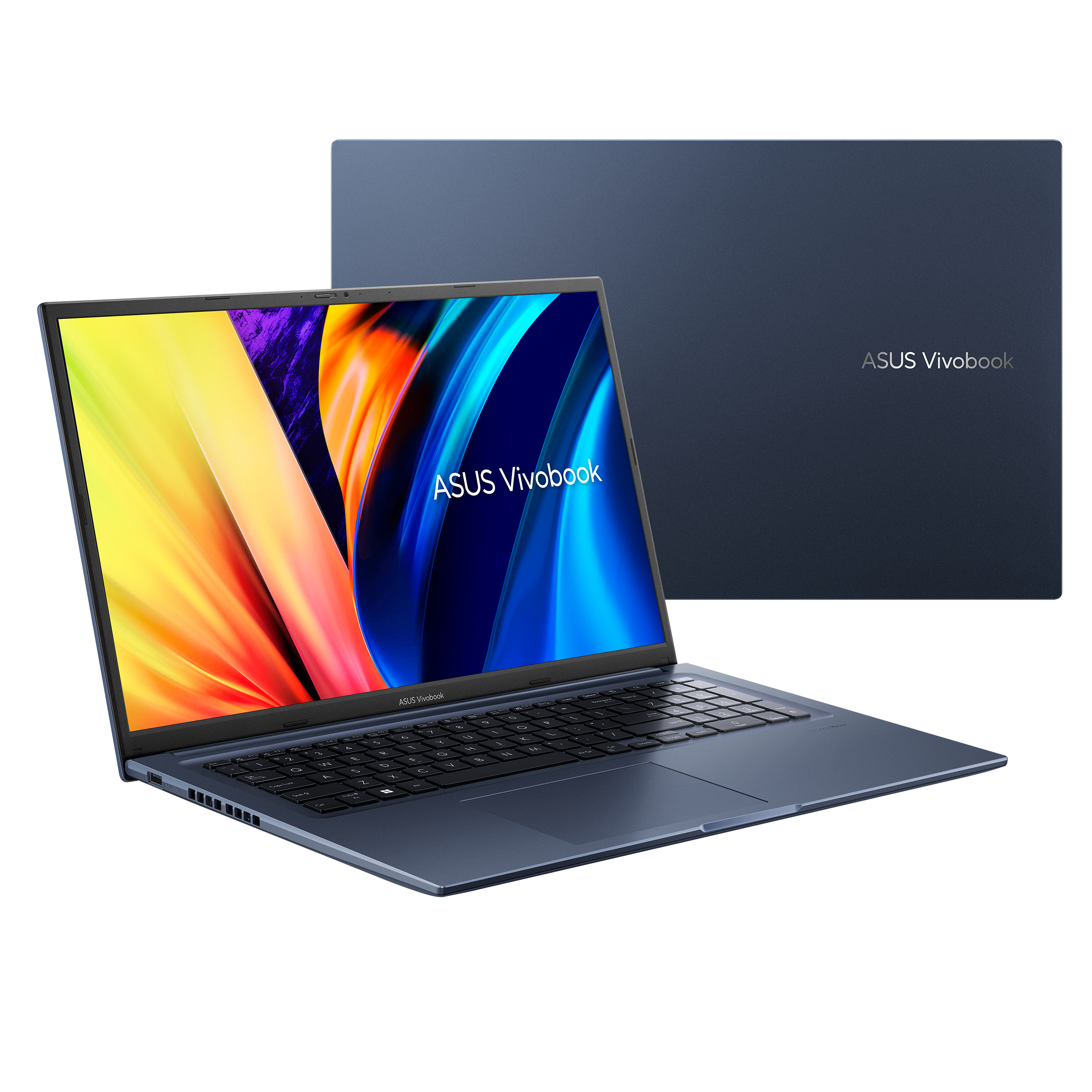 Blauer ASUS Vivobook Laptop, geöffnet, mit farbenfrohem Bildschirm und geschlossenem Hintergrund.