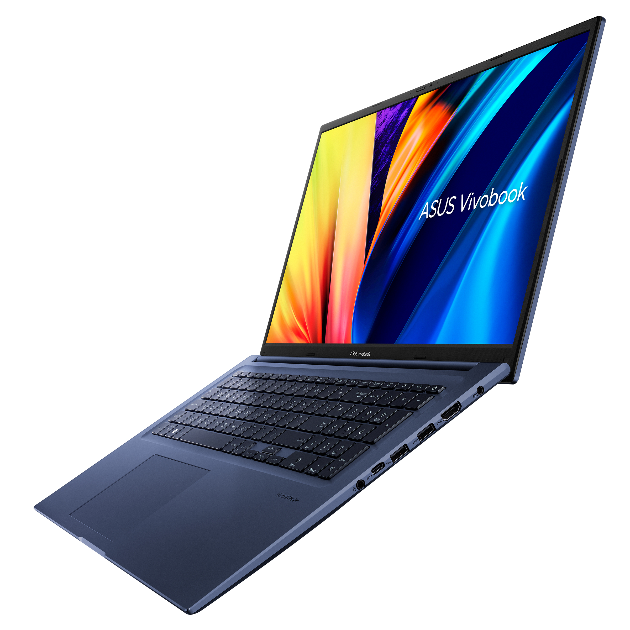 Blauer ASUS Vivobook Laptop, geöffnet, zum Betrachter angewinkelt, auf weißem Hintergrund.