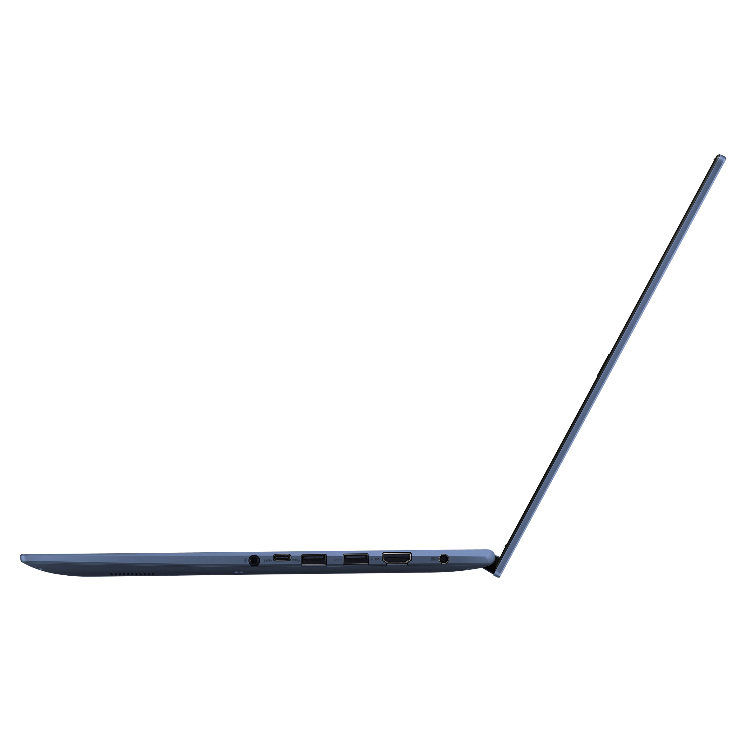 Ein blaues Laptop im Profil. Der Bildschirm ist geöffnet und das Laptop befindet sich auf weißem Hintergrund.