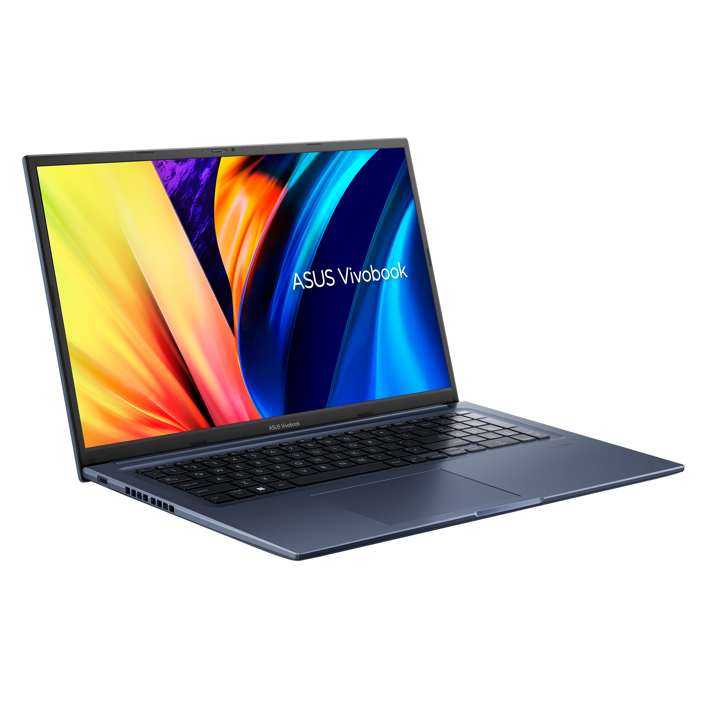 Ein Laptop-Computer, der auf einer weißen Oberfläche geöffnet ist. ASUS Vivobook ist sichtbar.