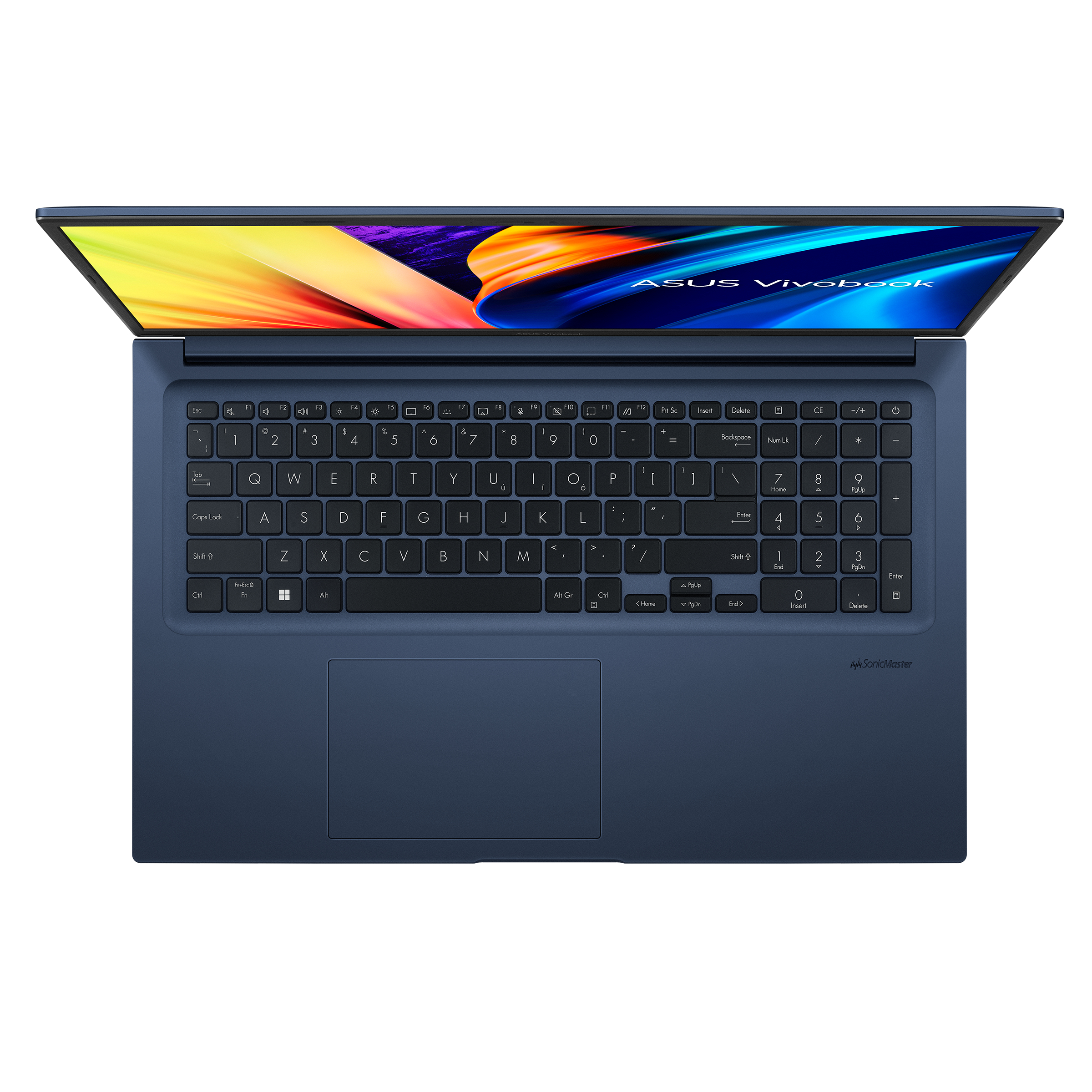 Laptop mit blauem Deckel und geöffnetem Bildschirm. Tastatur und Touchpad sind sichtbar.