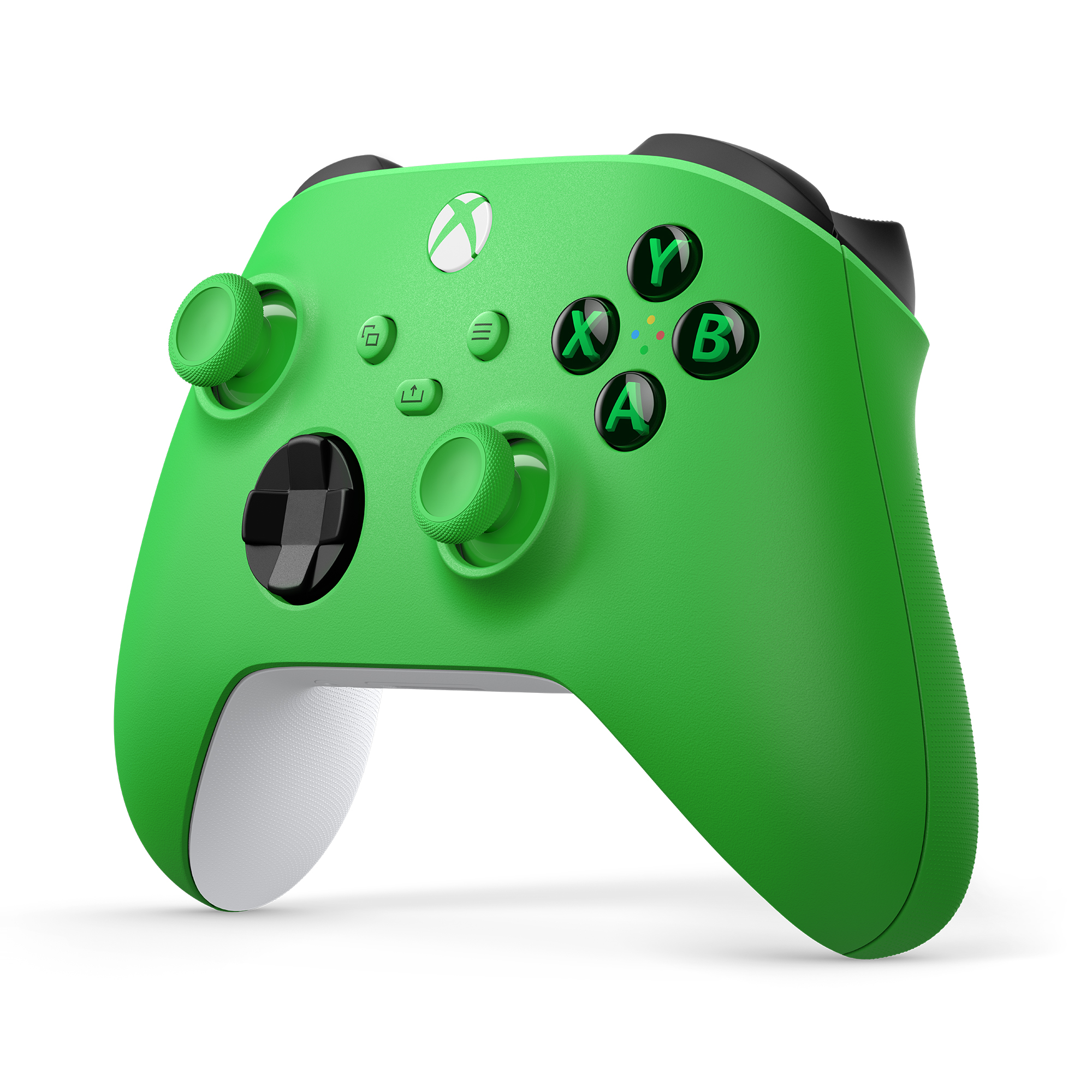 Siyah detaylara ve renkli düğmelere sahip yeşil Xbox kontrolcüsü. İki joystick'e sahiptir.